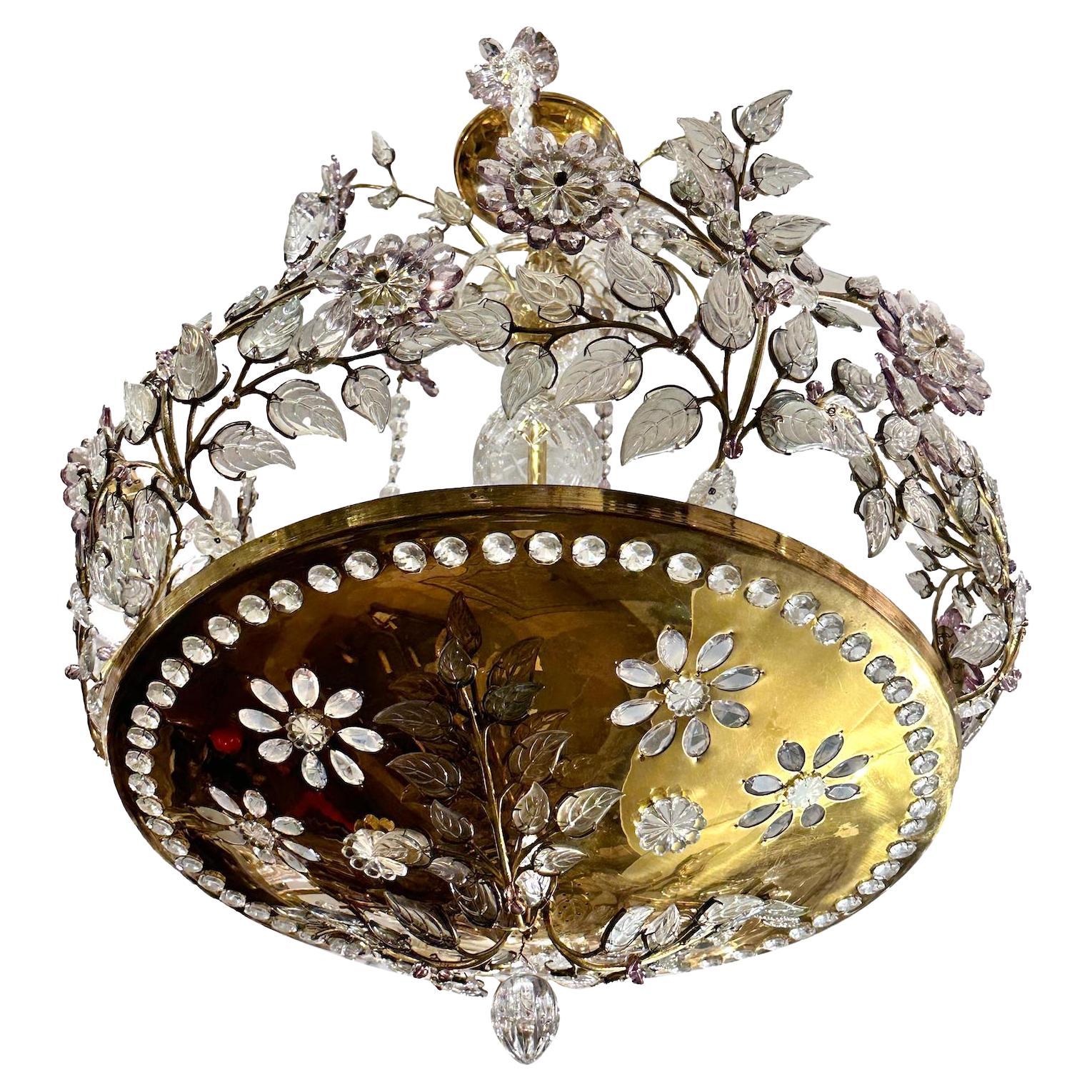 French Gilt Metal Floral Motif Chandelier For Sale