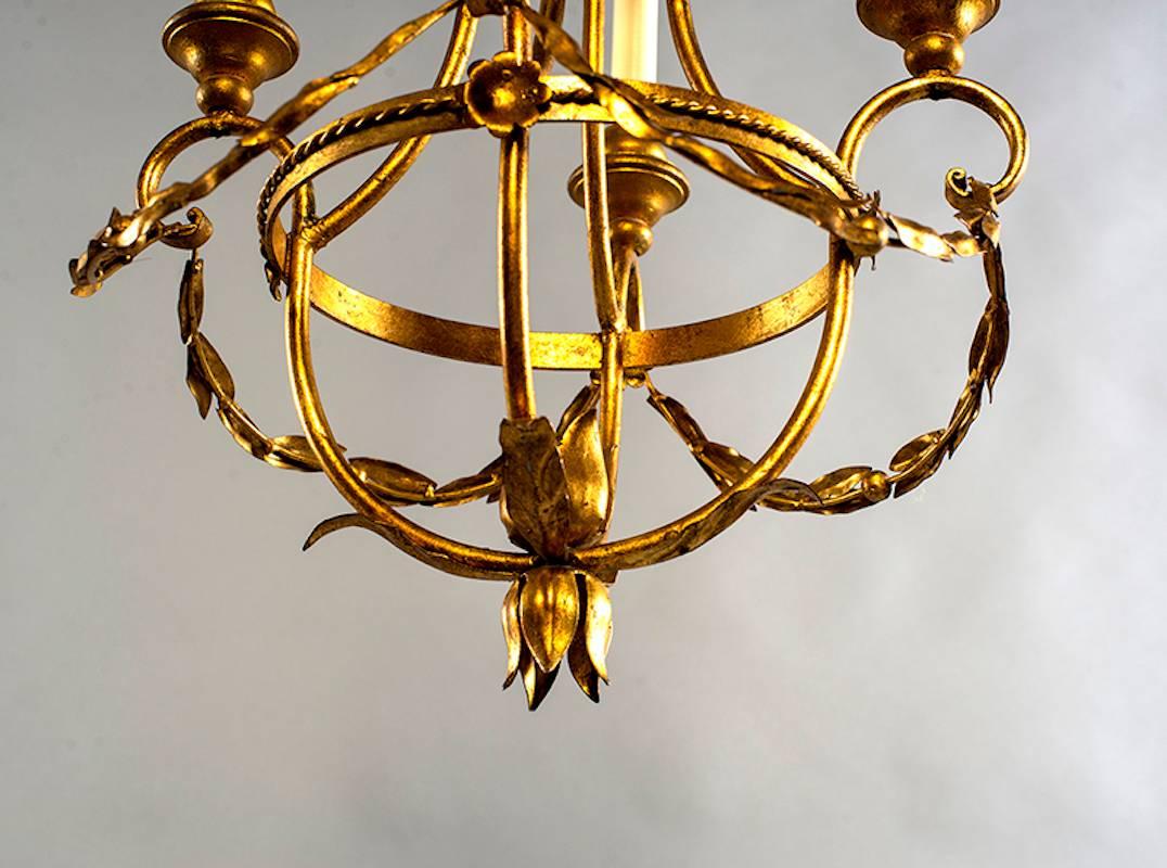 French Gilt Metal Four Light Chandelier with Wood Bobeches In Excellent Condition In Troy, MI