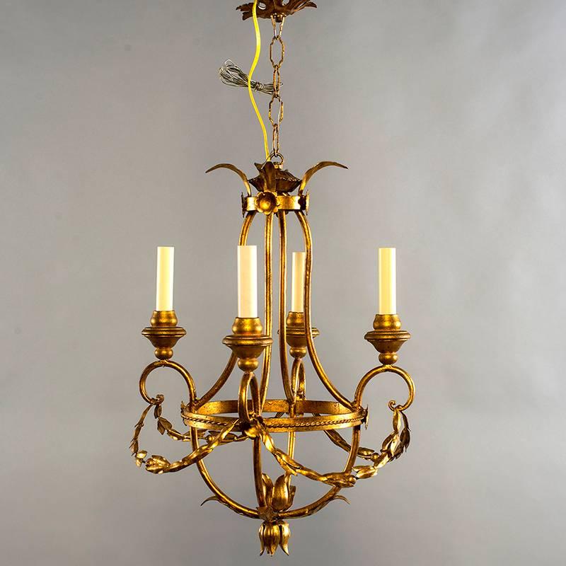 20th Century French Gilt Metal Four Light Chandelier with Wood Bobeches