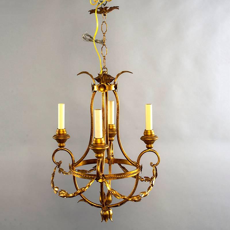 French Gilt Metal Four Light Chandelier with Wood Bobeches 1