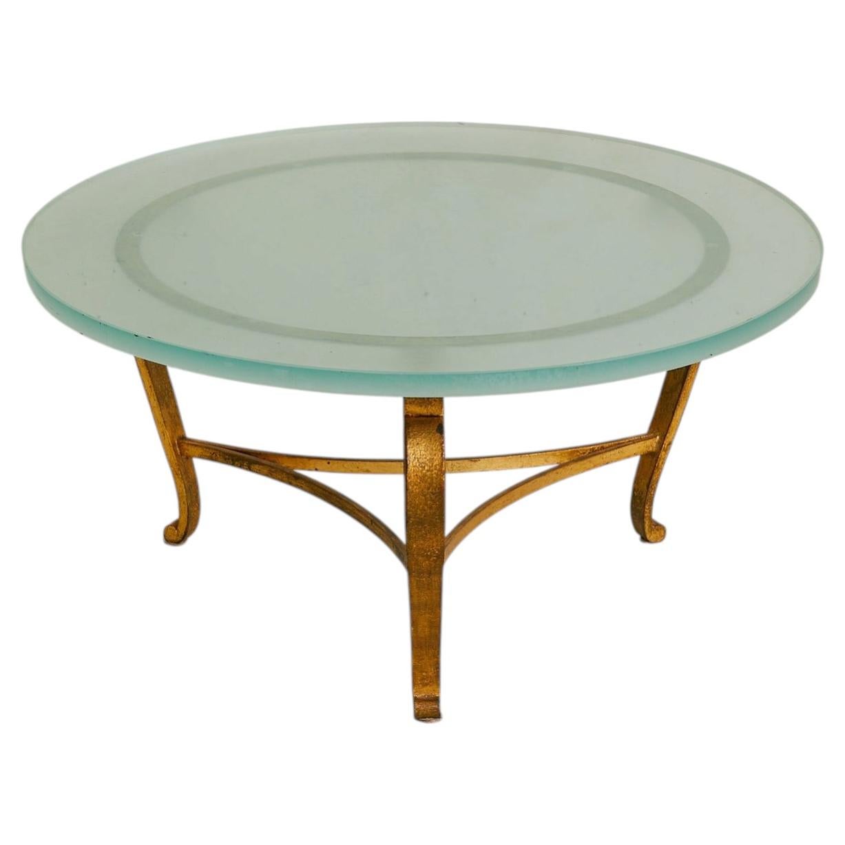 French Gilt Metal + Frosted Glass Coffee Table, 1960s For Sale