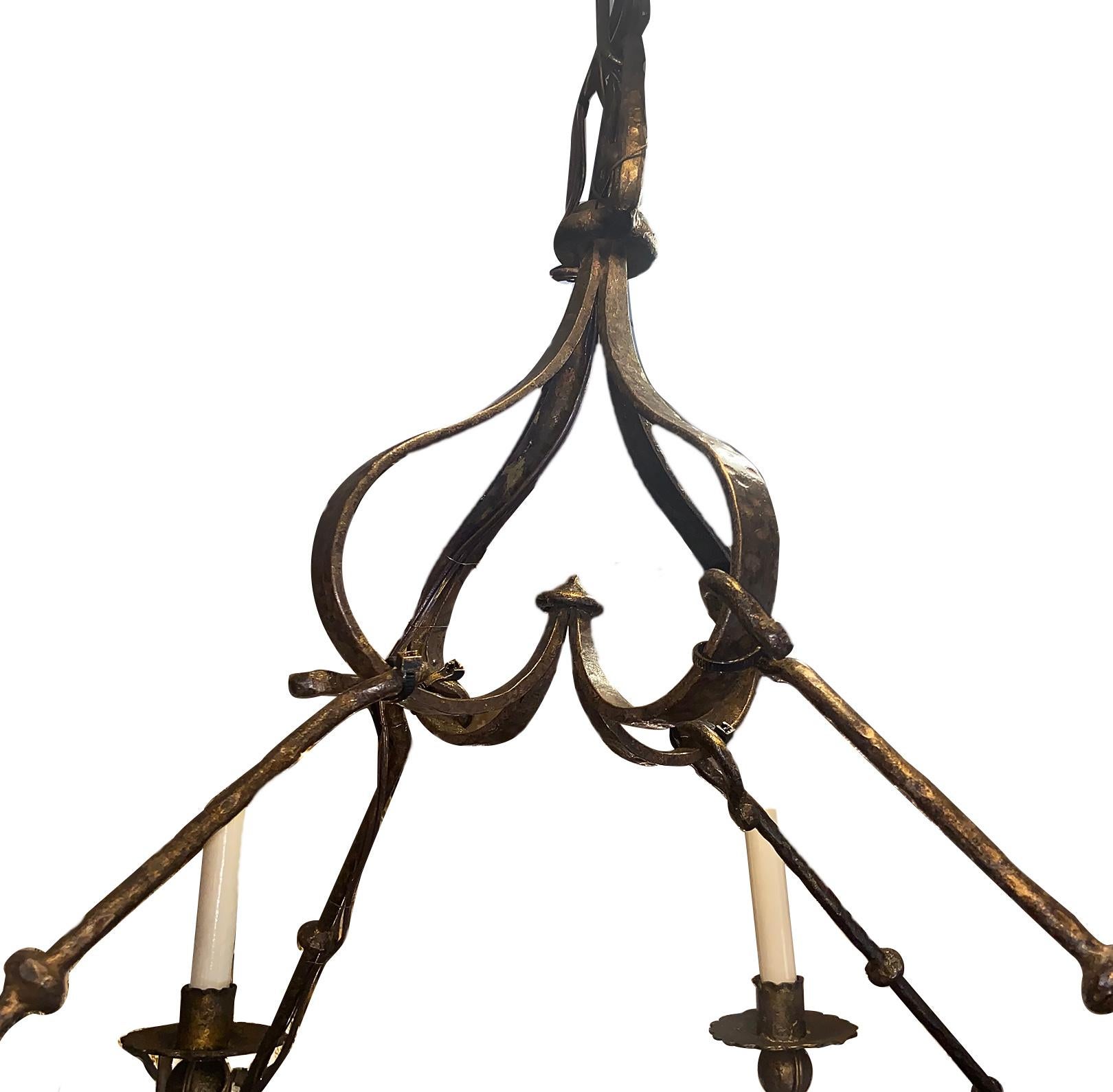 Hammered French Gilt Metal & Iron Chandelier For Sale