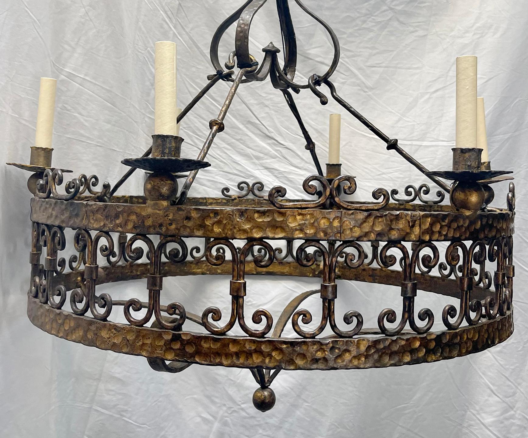 Mid-20th Century French Gilt Metal & Iron Chandelier For Sale