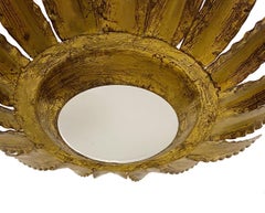 French Gilt Metal Sunburst Pendant Light Fixture