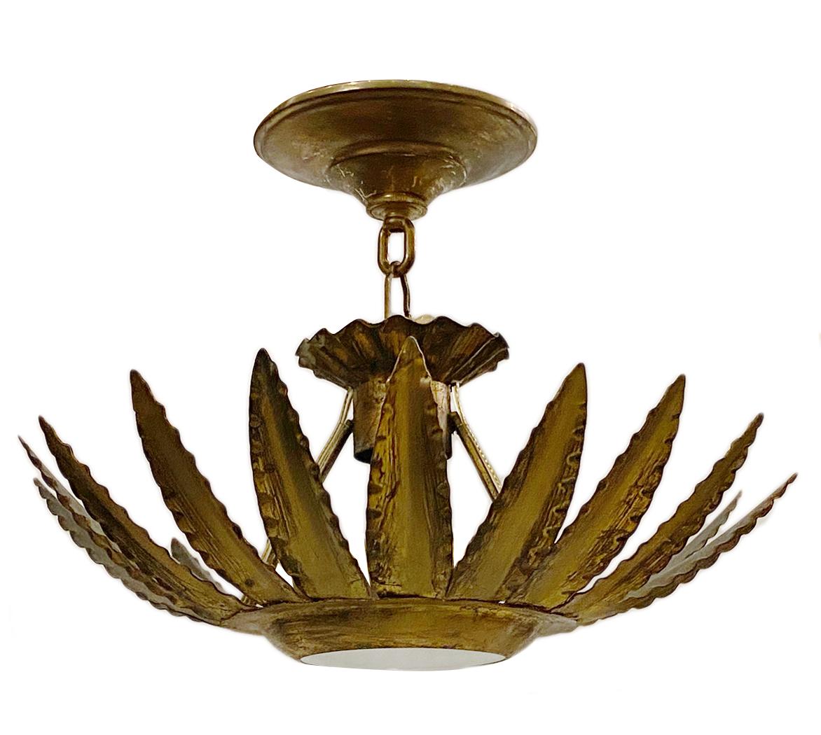 French Gilt Metal Sunburst Pendant Light Fixture In Good Condition For Sale In New York, NY