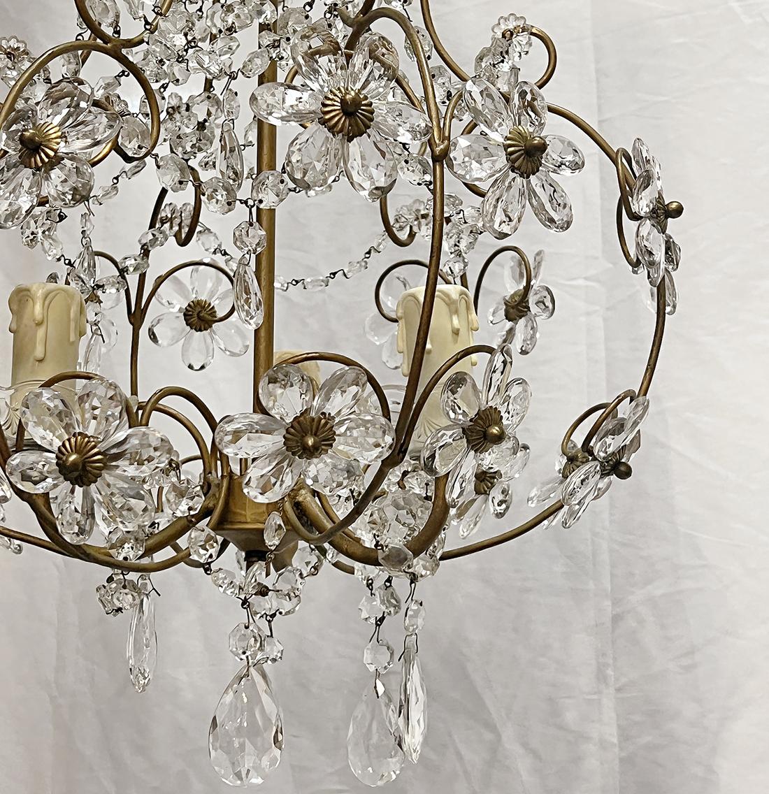 Crystal French Gilt Metal Light Fixture with Flowers For Sale