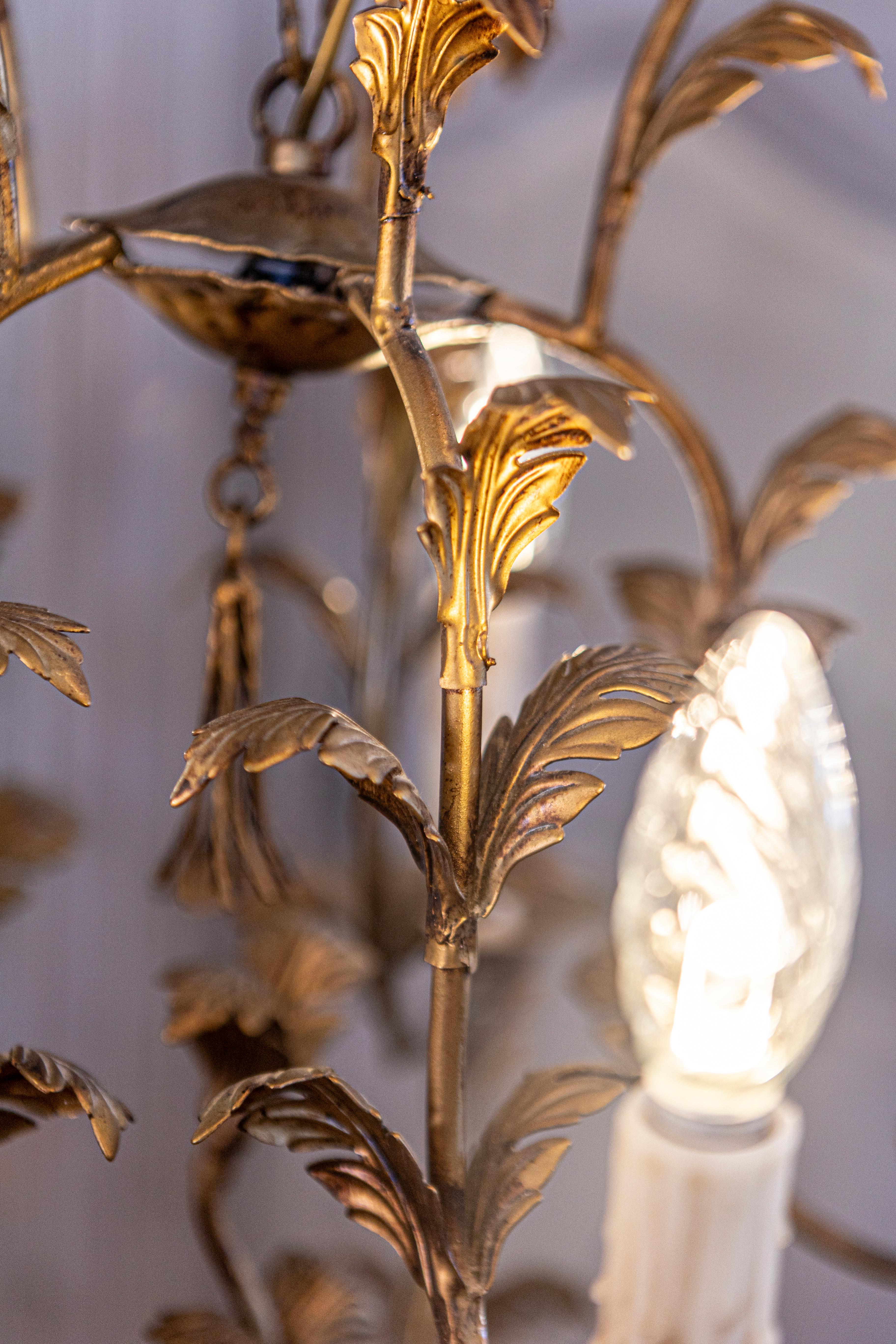 20th Century French Gilt Metal Maison Charles Inspired Five-Light Chandelier with Foliage For Sale
