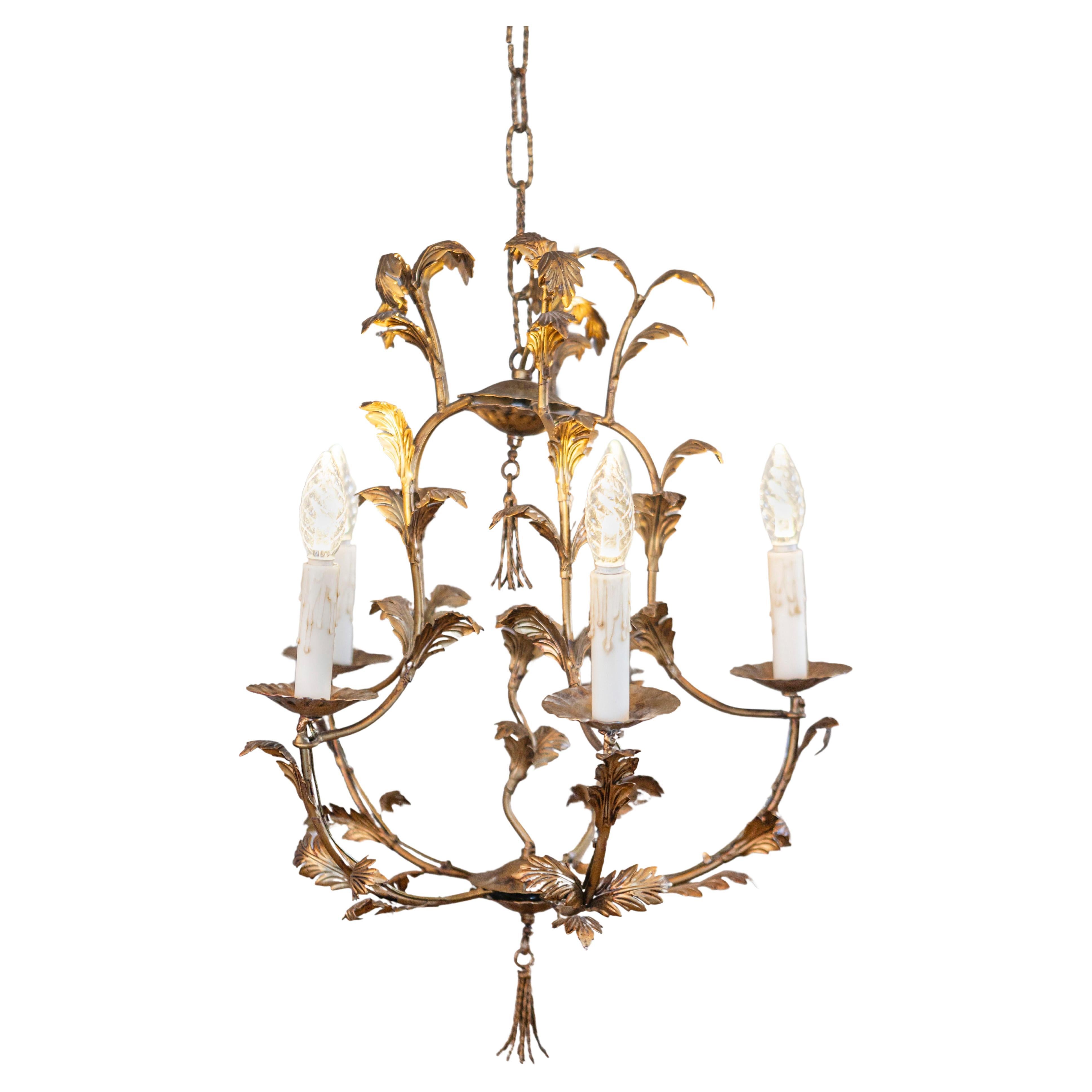 French Gilt Metal Maison Charles Inspired Five-Light Chandelier with Foliage For Sale