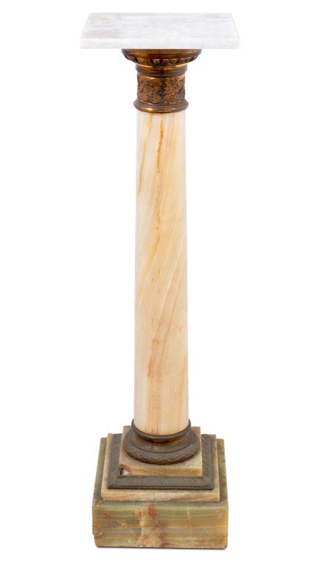French Gilt Metal Mounted Alabaster Pedestal, late 19th century, with a later square top on a tapering column and stepped square plinth. 41.5
