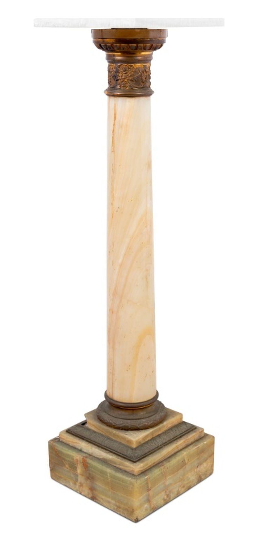 Carved French Gilt Metal Mounted Alabaster Pedestal For Sale