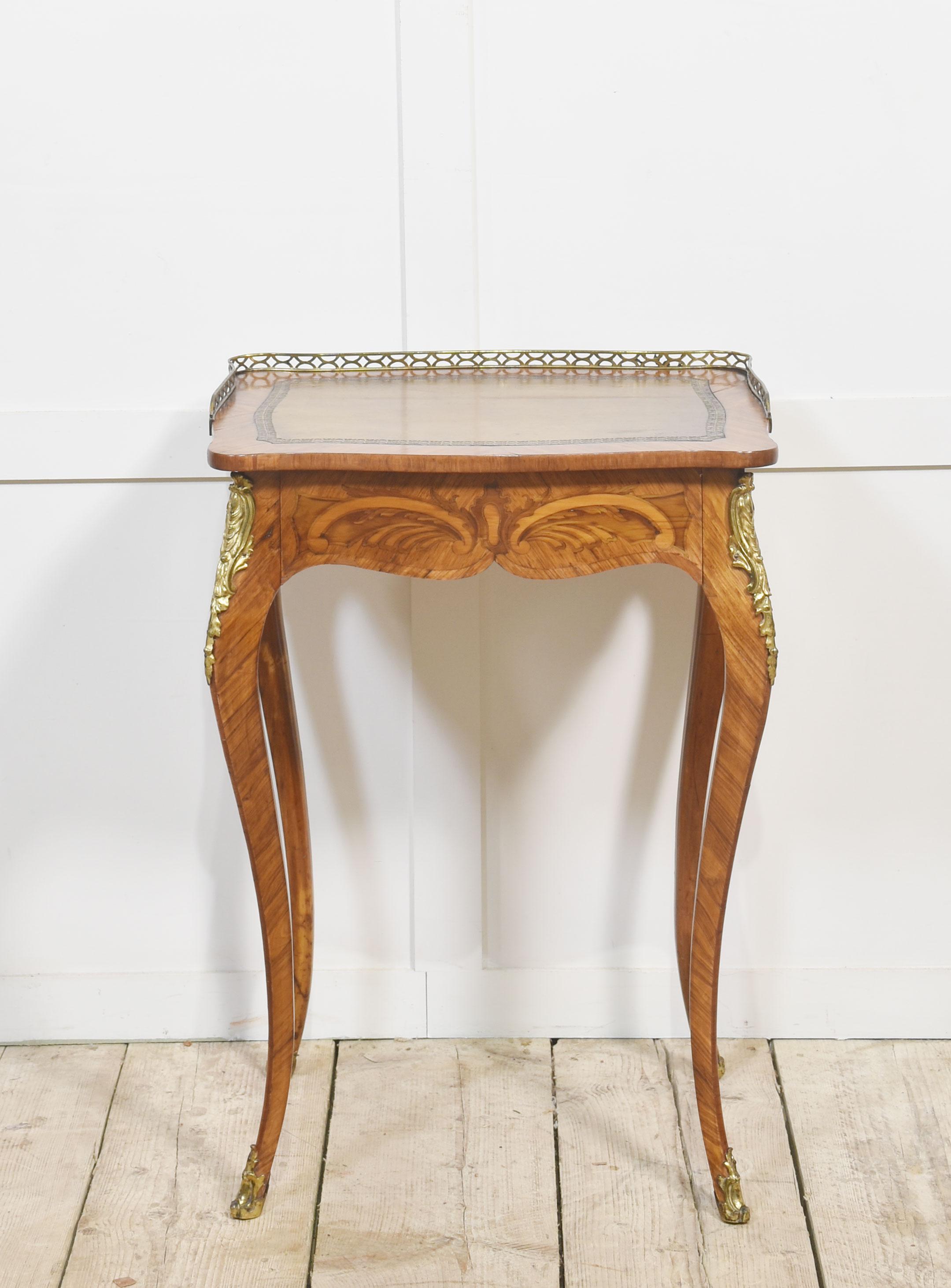Walnut French gilt-metal mounted marquetry side table For Sale