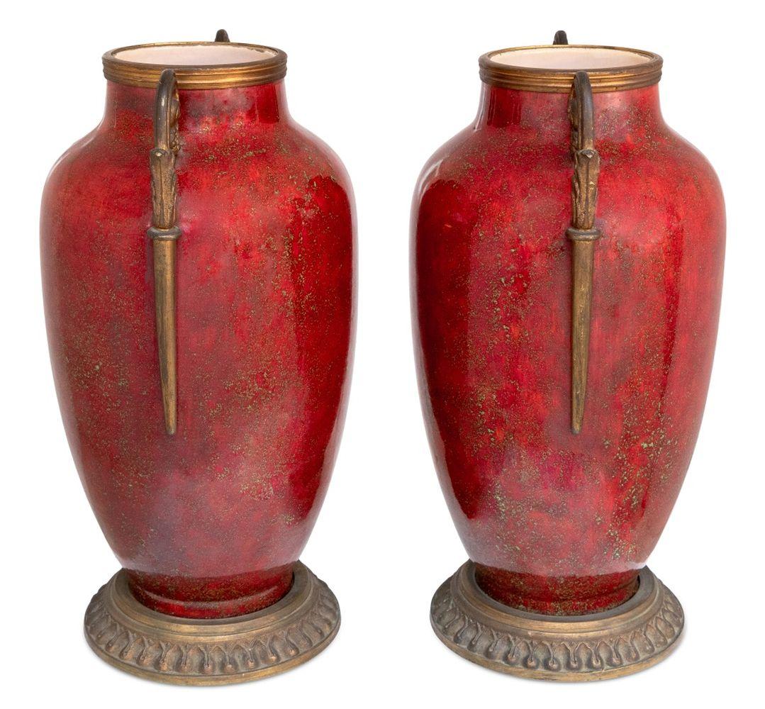 French Gilt Metal Mounted Red Majolica Vases, Pair In Good Condition For Sale In Astoria, NY
