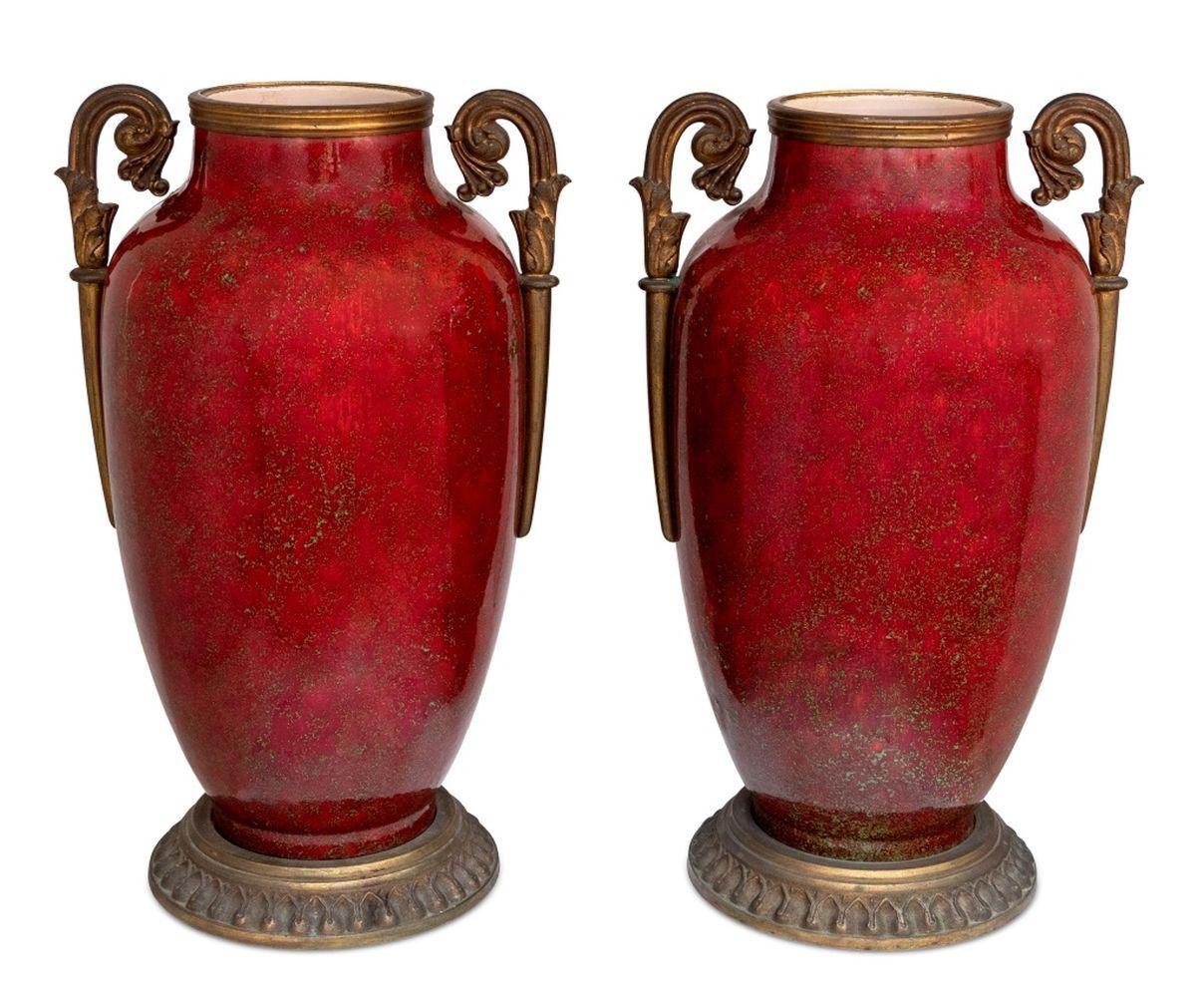 19th Century French Gilt Metal Mounted Red Majolica Vases, Pair For Sale