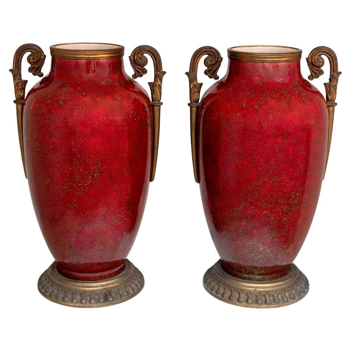 French Gilt Metal Mounted Red Majolica Vases, Pair For Sale