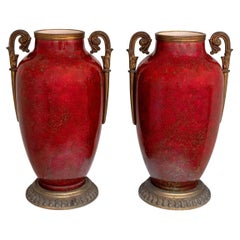 French Gilt Metal Mounted Red Majolica Vases, Pair