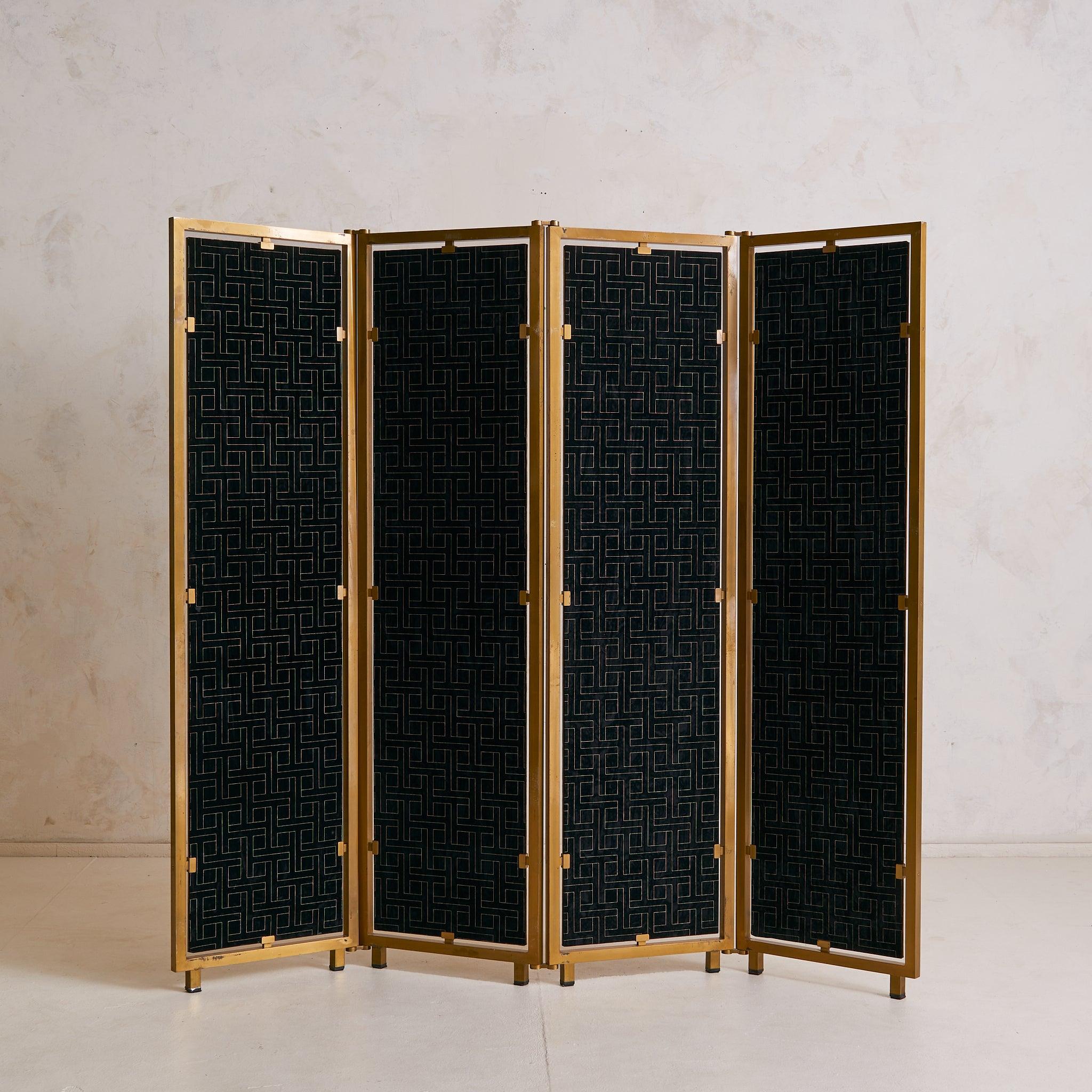 Moderne French Gilt-Metal + Patinated Gold-Leaf Folding Screen, 1970s en vente