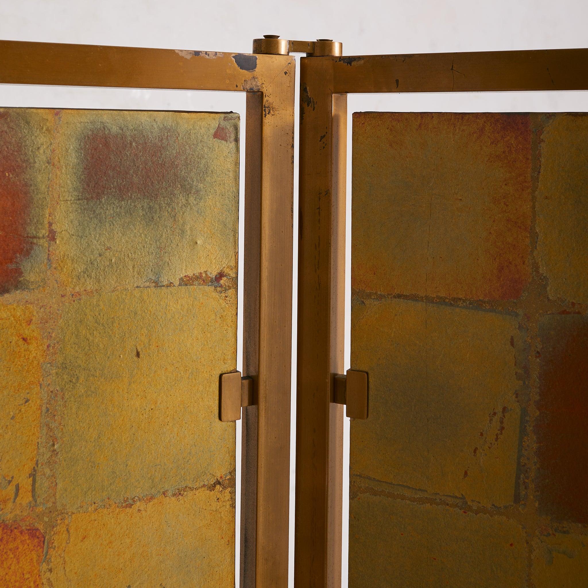 Fin du 20e siècle French Gilt-Metal + Patinated Gold-Leaf Folding Screen, 1970s en vente