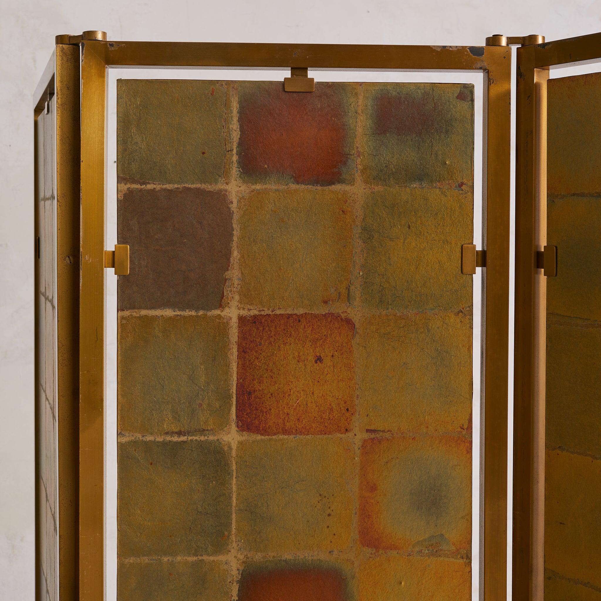 Métal French Gilt-Metal + Patinated Gold-Leaf Folding Screen, 1970s en vente