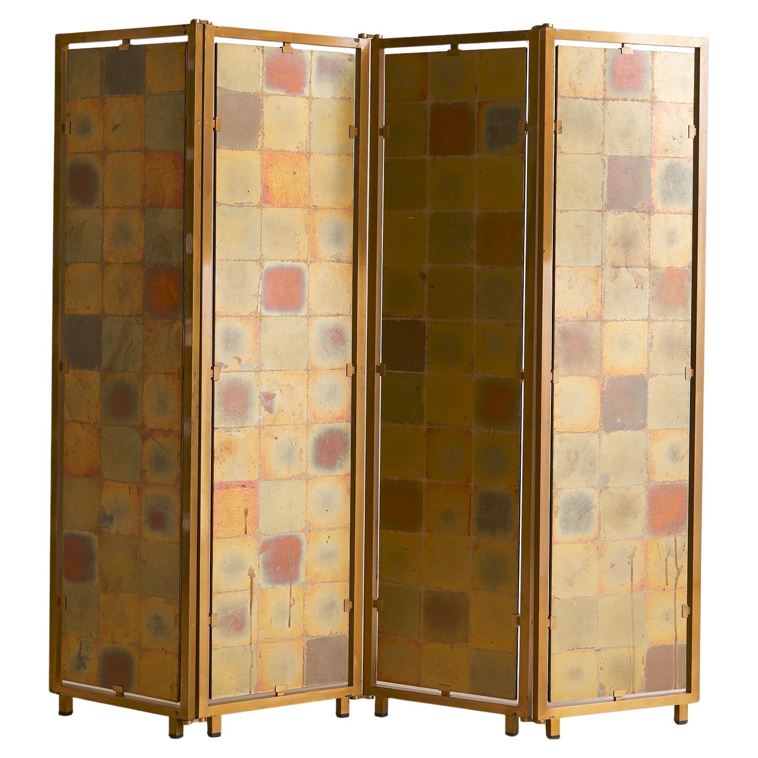 French Gilt-Metal + Patinated Gold-Leaf Folding Screen, 1970s en vente