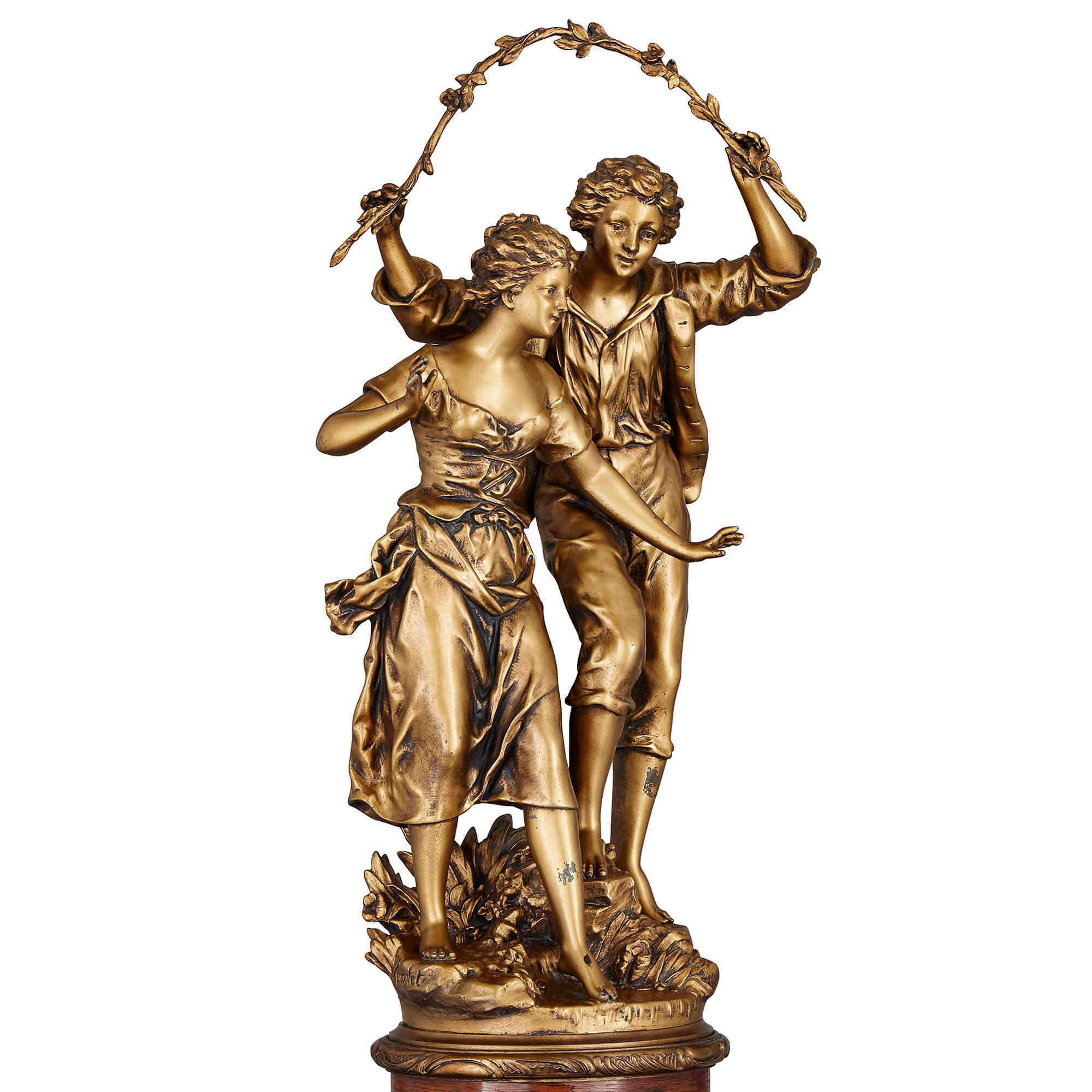 20th Century French Gilt Metal Sculpture on Neoclassical Pedestal by Ernest Rancoulet For Sale