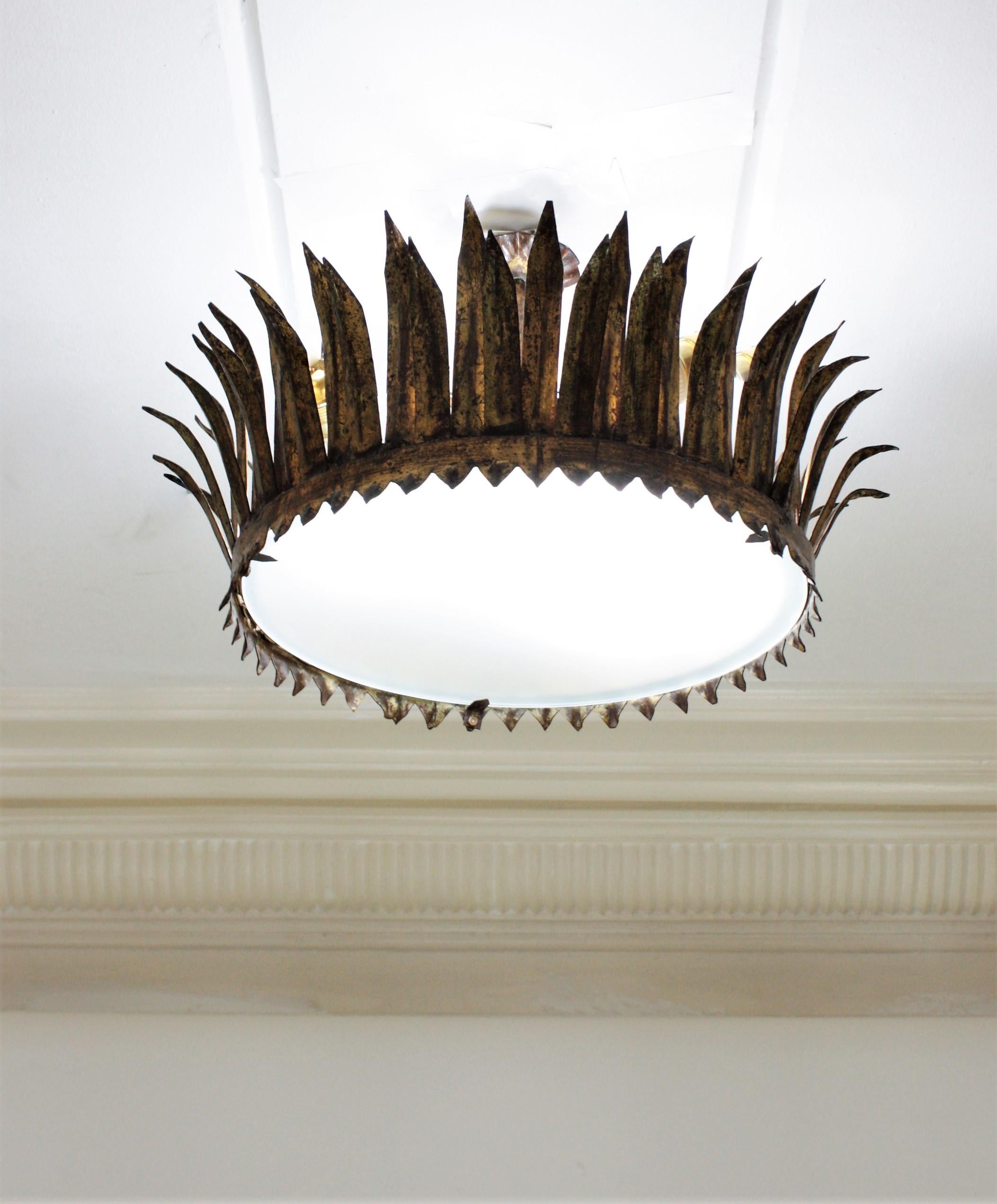 French Gilt Metal Sunburst Crown Ceiling Light Fixture or Pendant 5