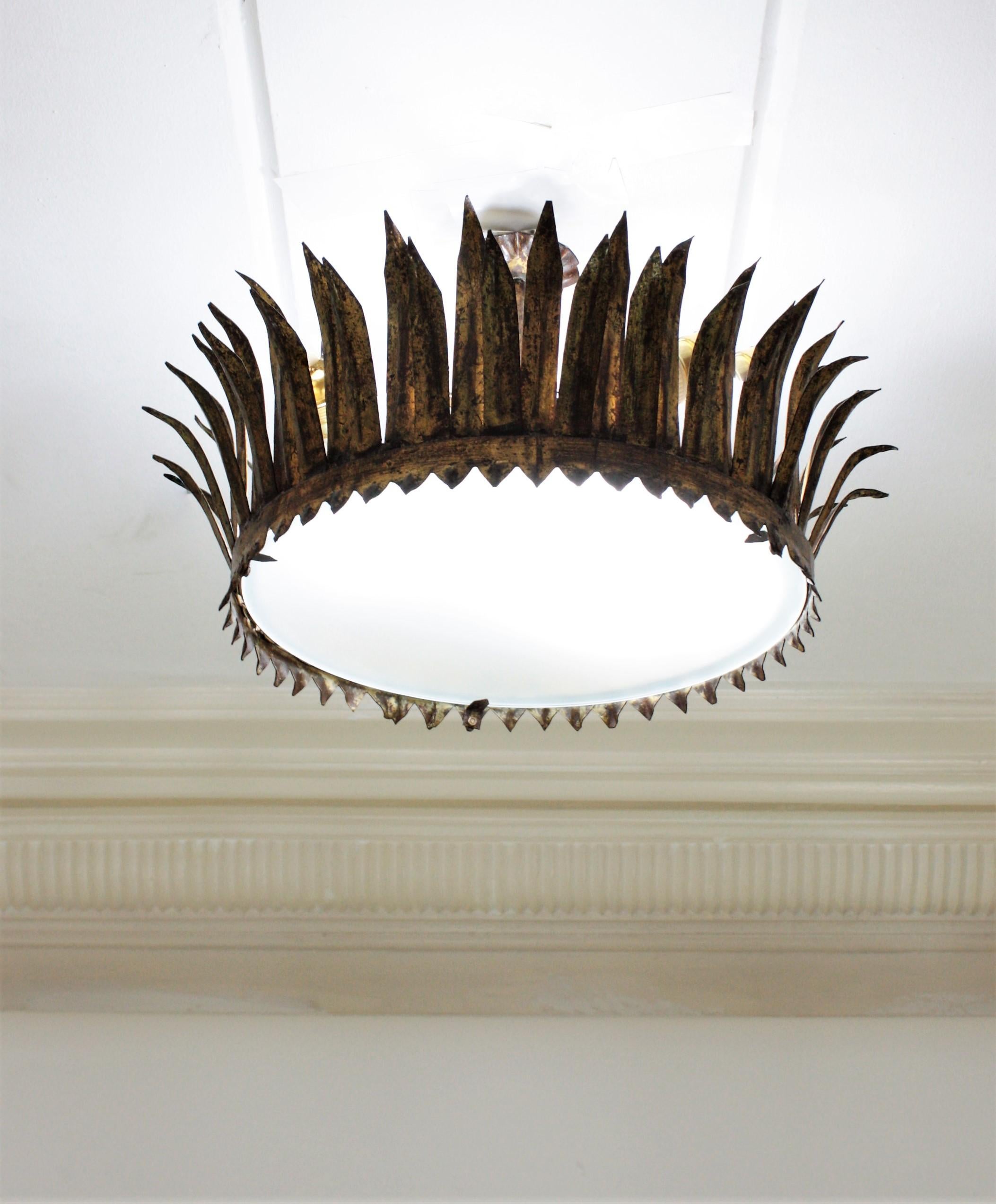 French Gilt Metal Sunburst Crown Ceiling Light Fixture or Pendant 4