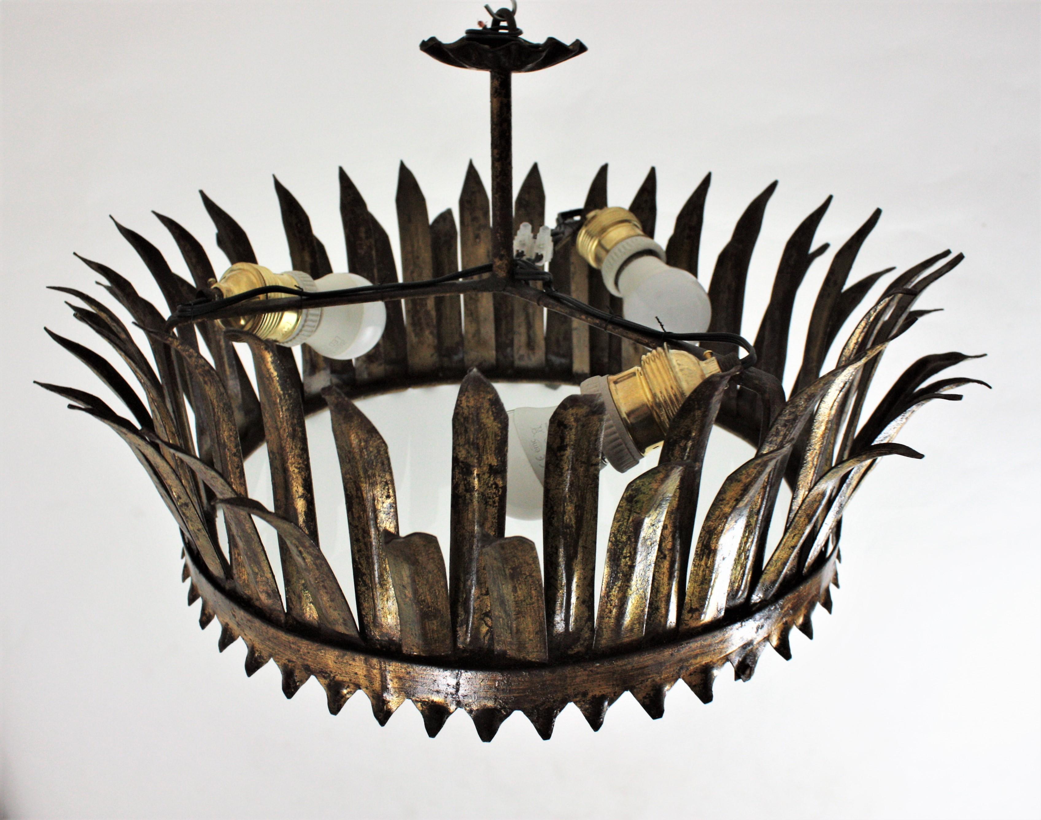 French Gilt Metal Sunburst Crown Ceiling Light Fixture or Pendant 8