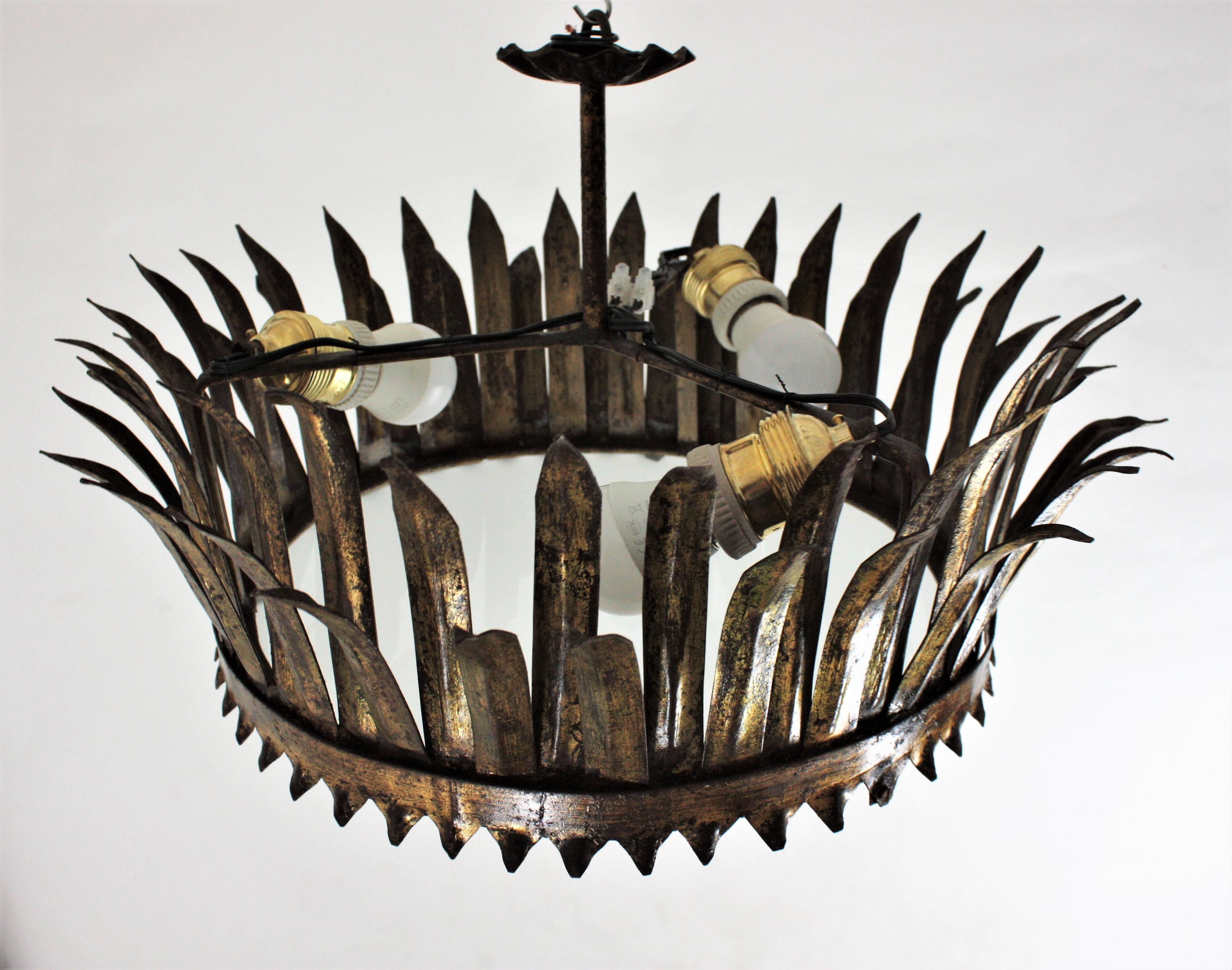 French Gilt Metal Sunburst Crown Ceiling Light Fixture or Pendant 7