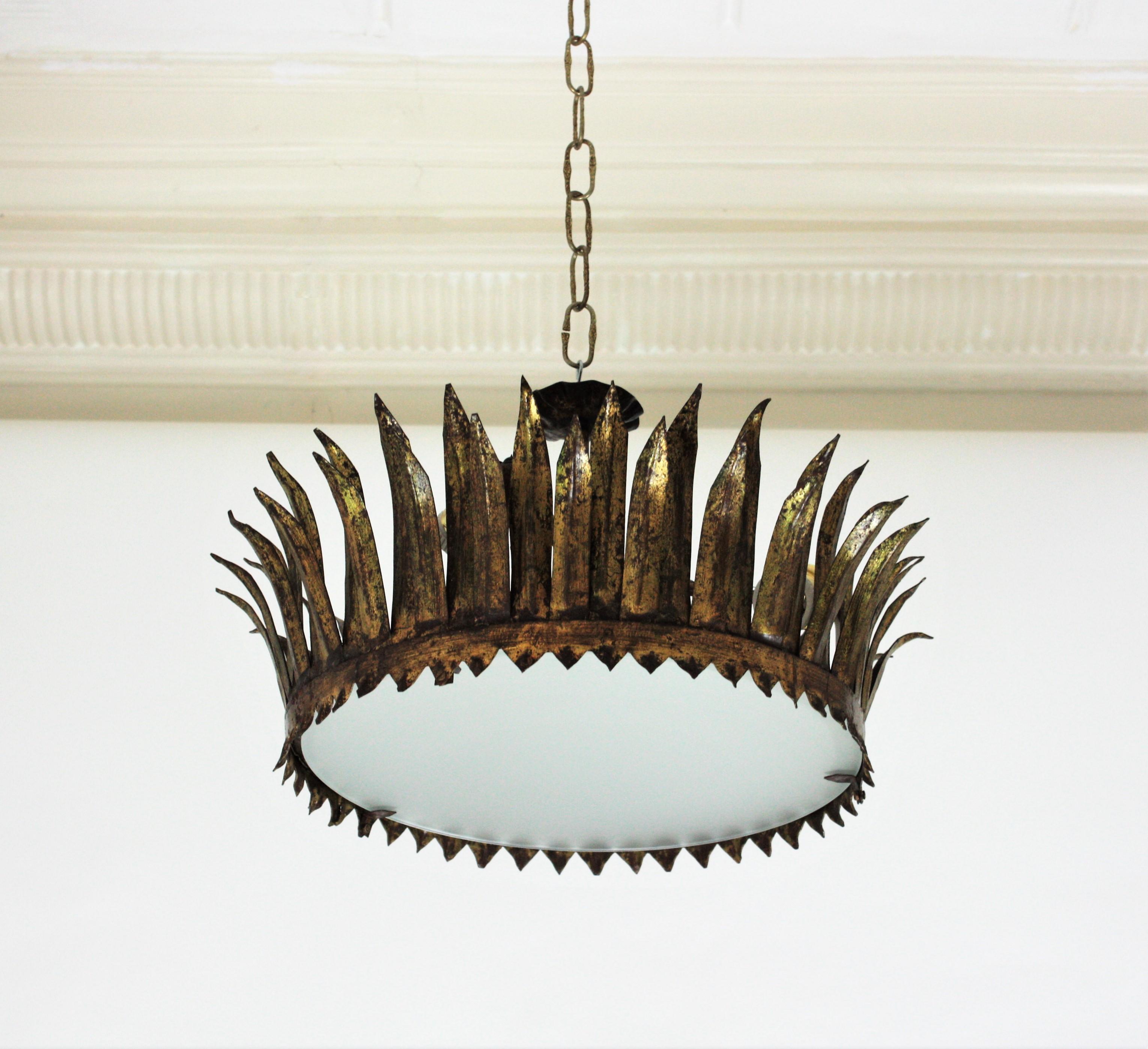 French Gilt Metal Sunburst Crown Ceiling Light Fixture or Pendant 8