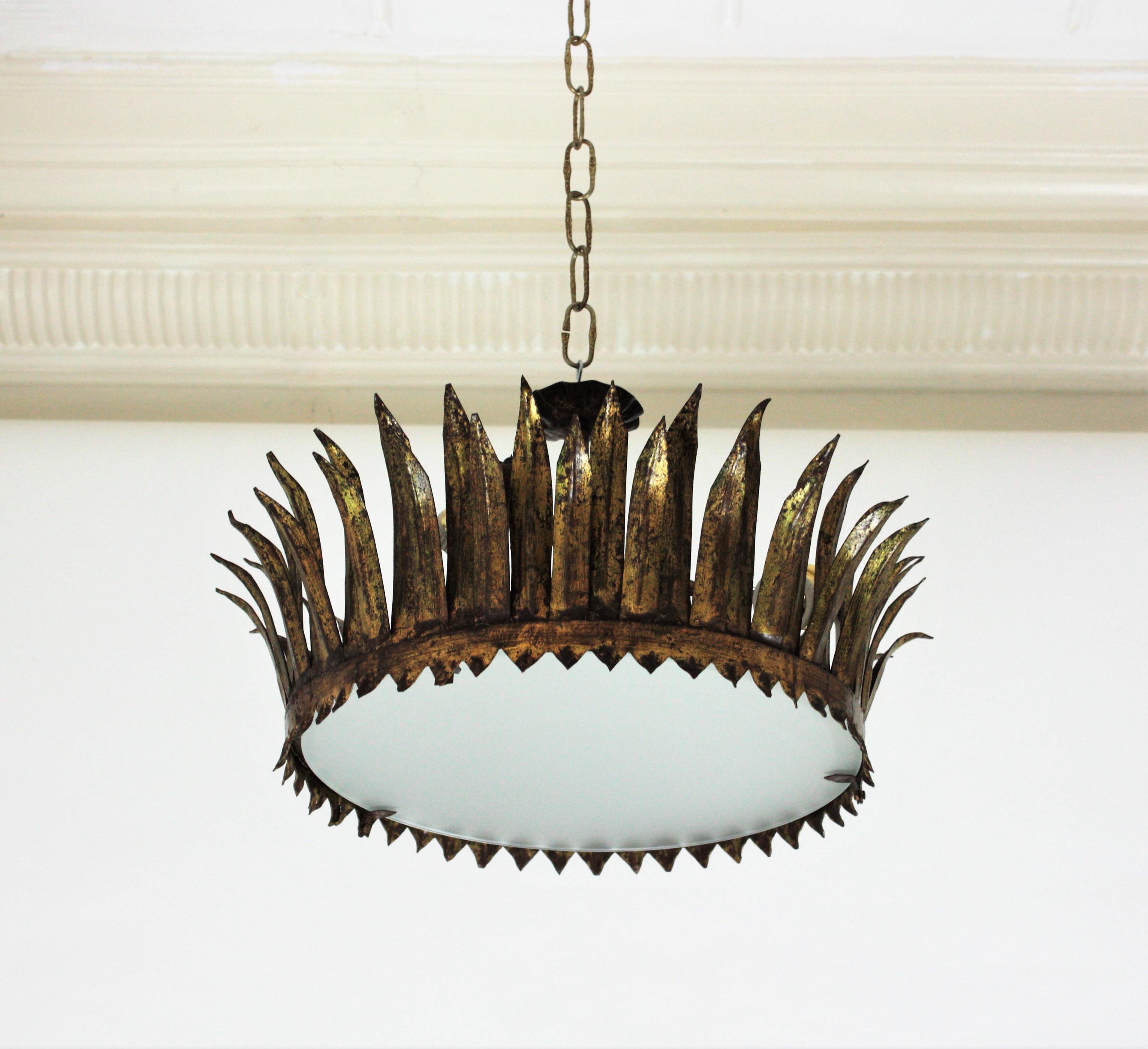 French Gilt Metal Sunburst Crown Ceiling Light Fixture or Pendant 9