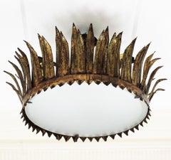 French Gilt Metal Sunburst Crown Ceiling Light Fixture or Pendant