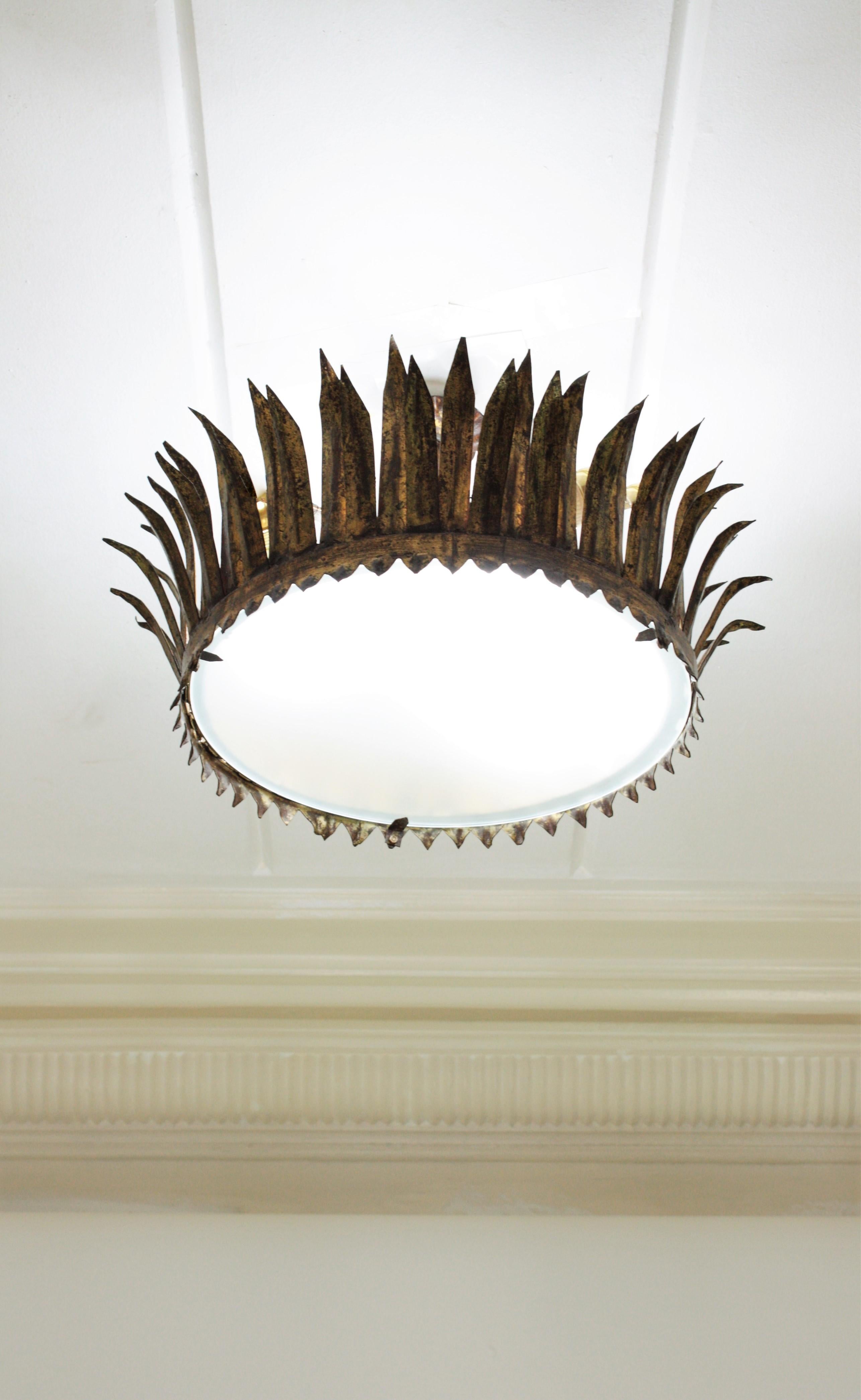 Neoclassical Revival French Gilt Metal Sunburst Crown Ceiling Light Fixture or Pendant