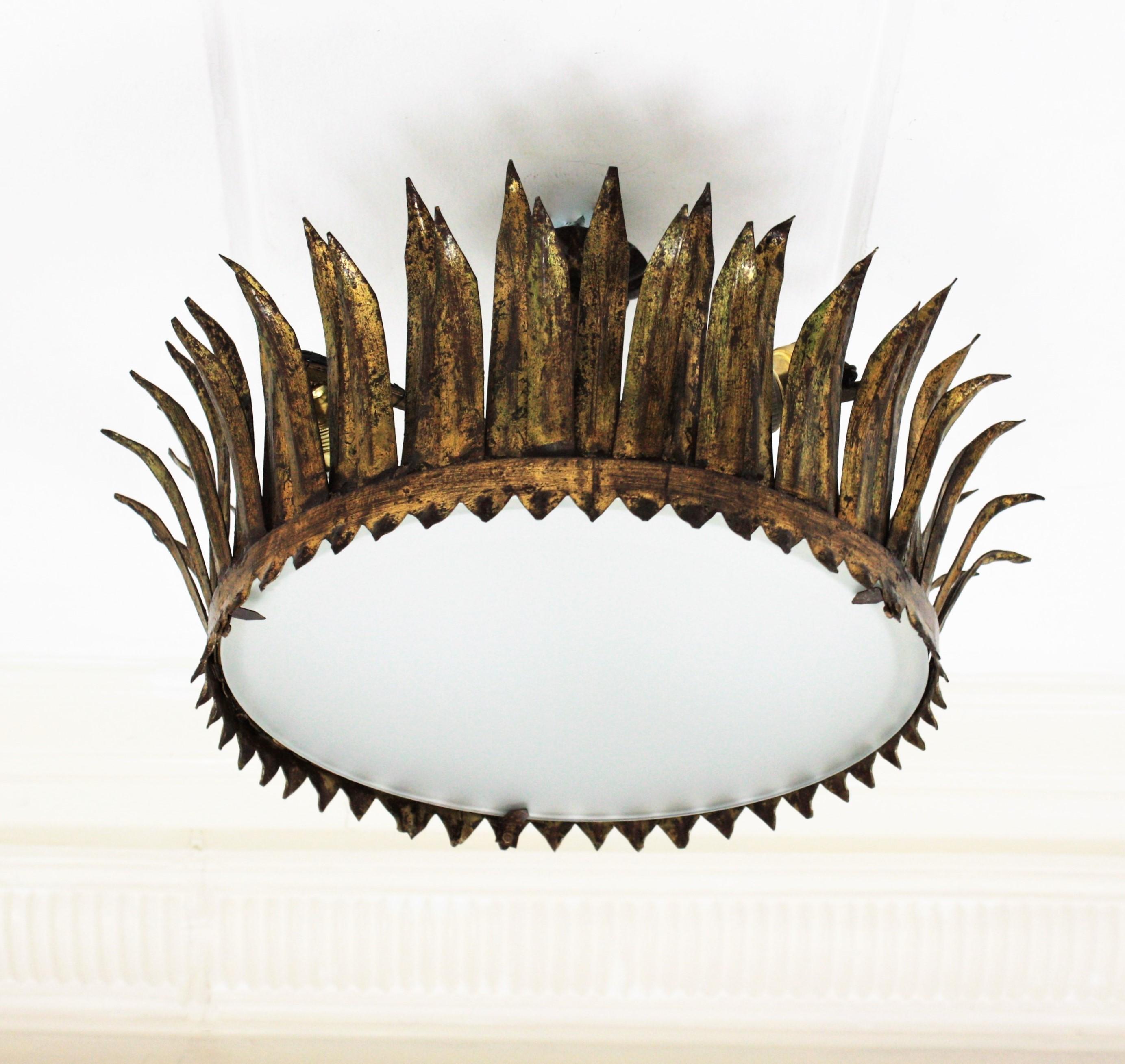 Frosted French Gilt Metal Sunburst Crown Ceiling Light Fixture or Pendant