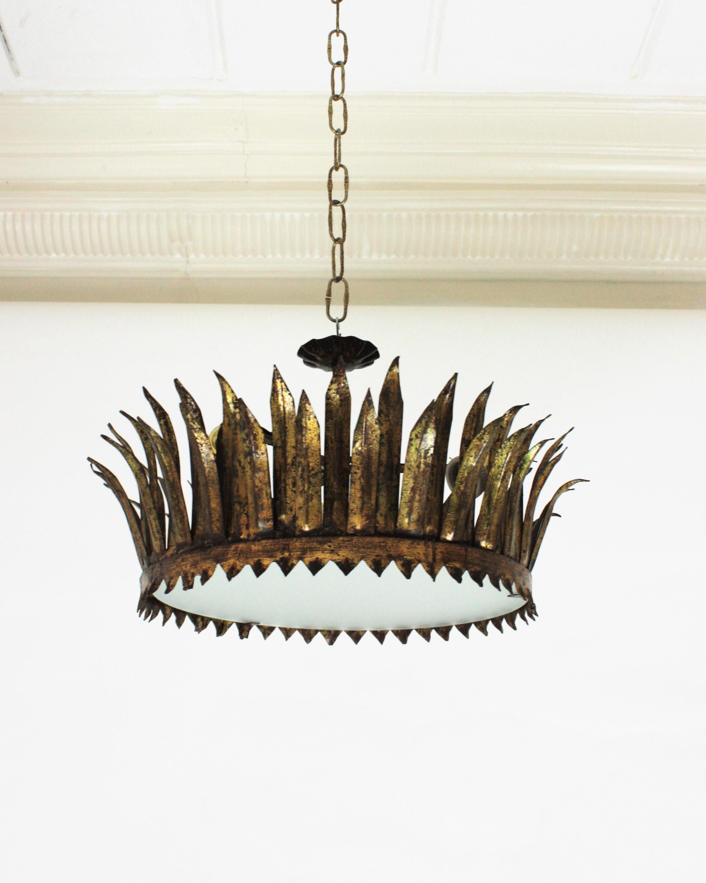 20th Century French Gilt Metal Sunburst Crown Ceiling Light Fixture or Pendant