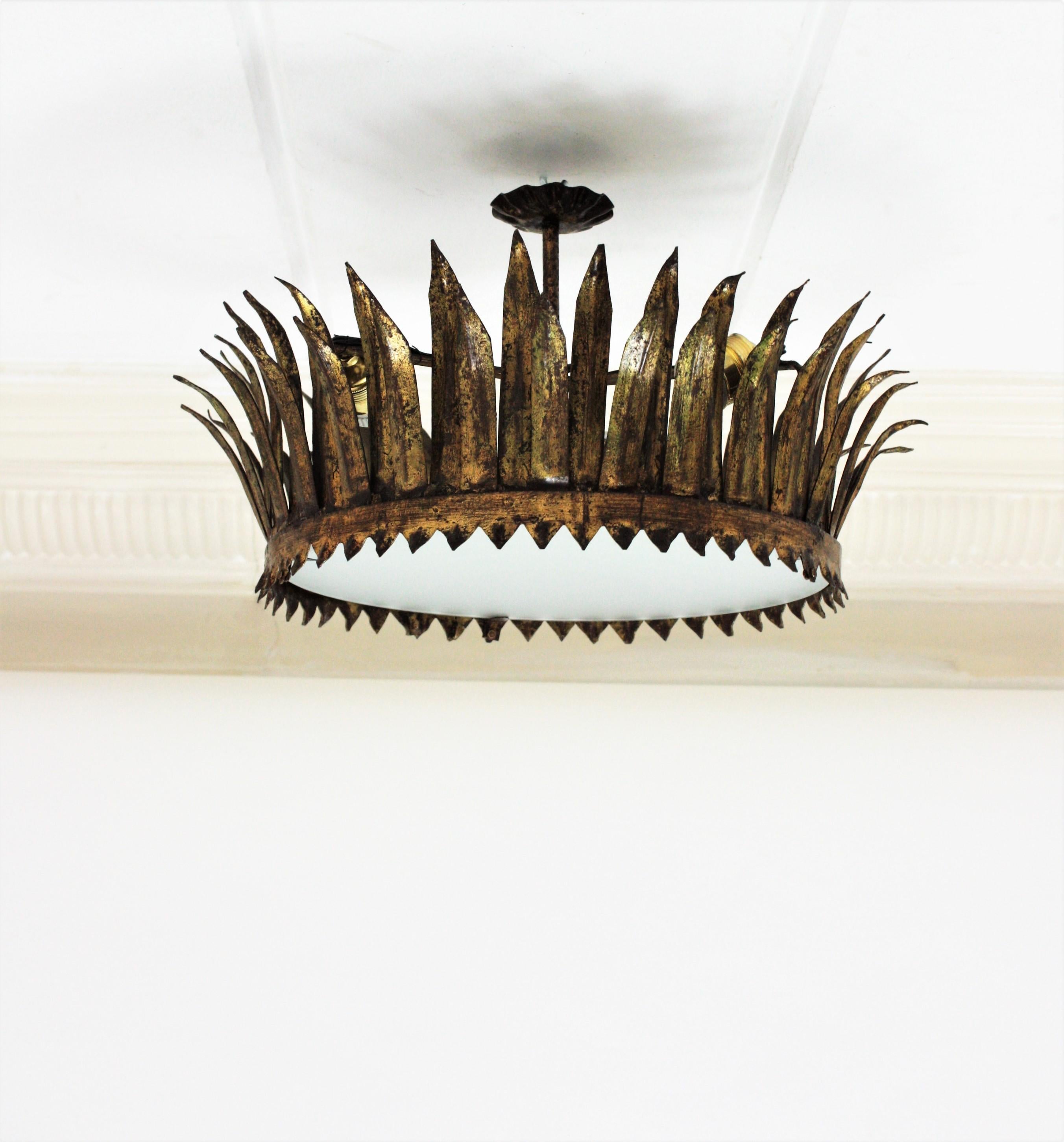 Gold Leaf French Gilt Metal Sunburst Crown Ceiling Light Fixture or Pendant