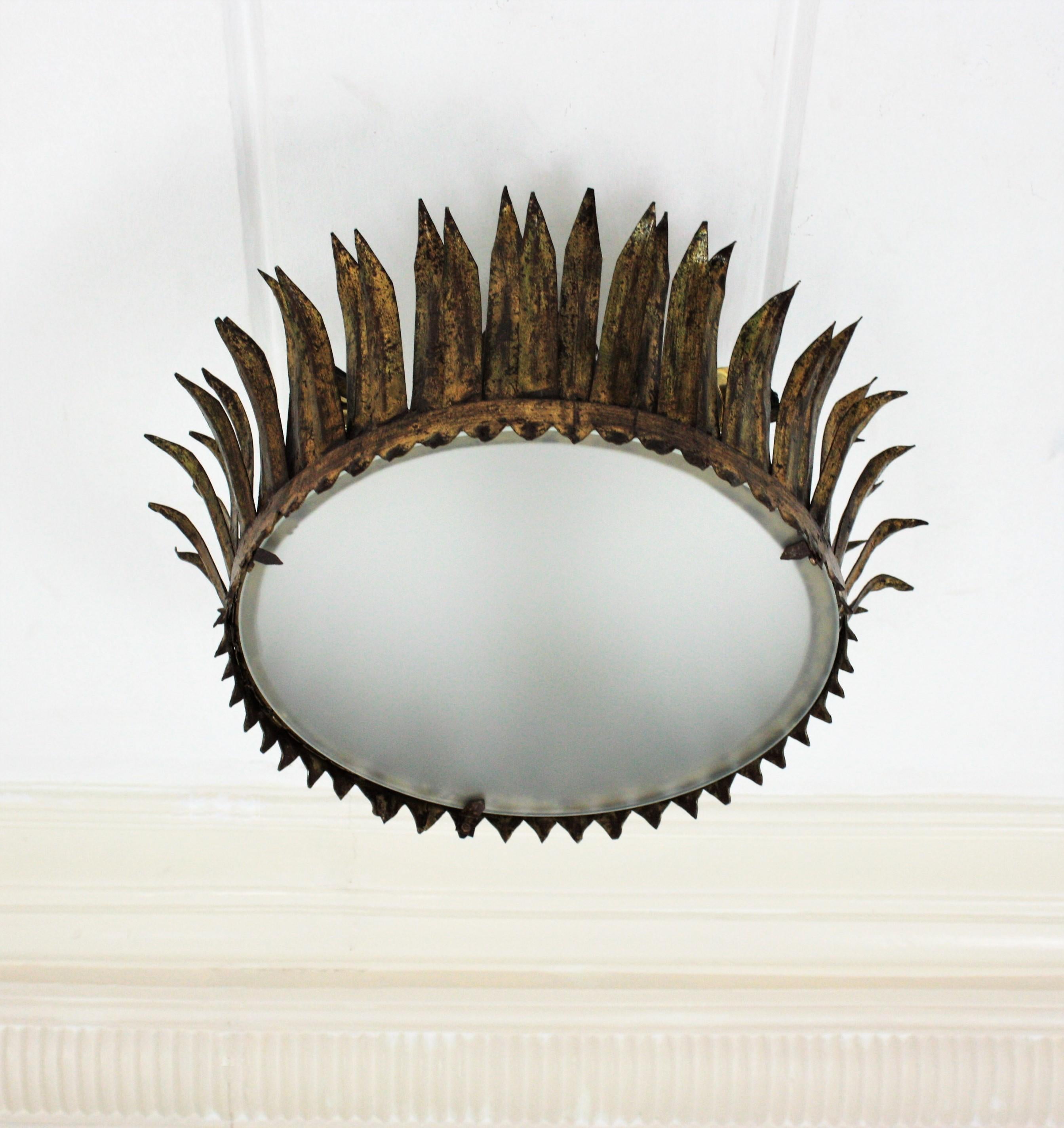 French Gilt Metal Sunburst Crown Ceiling Light Fixture or Pendant 2