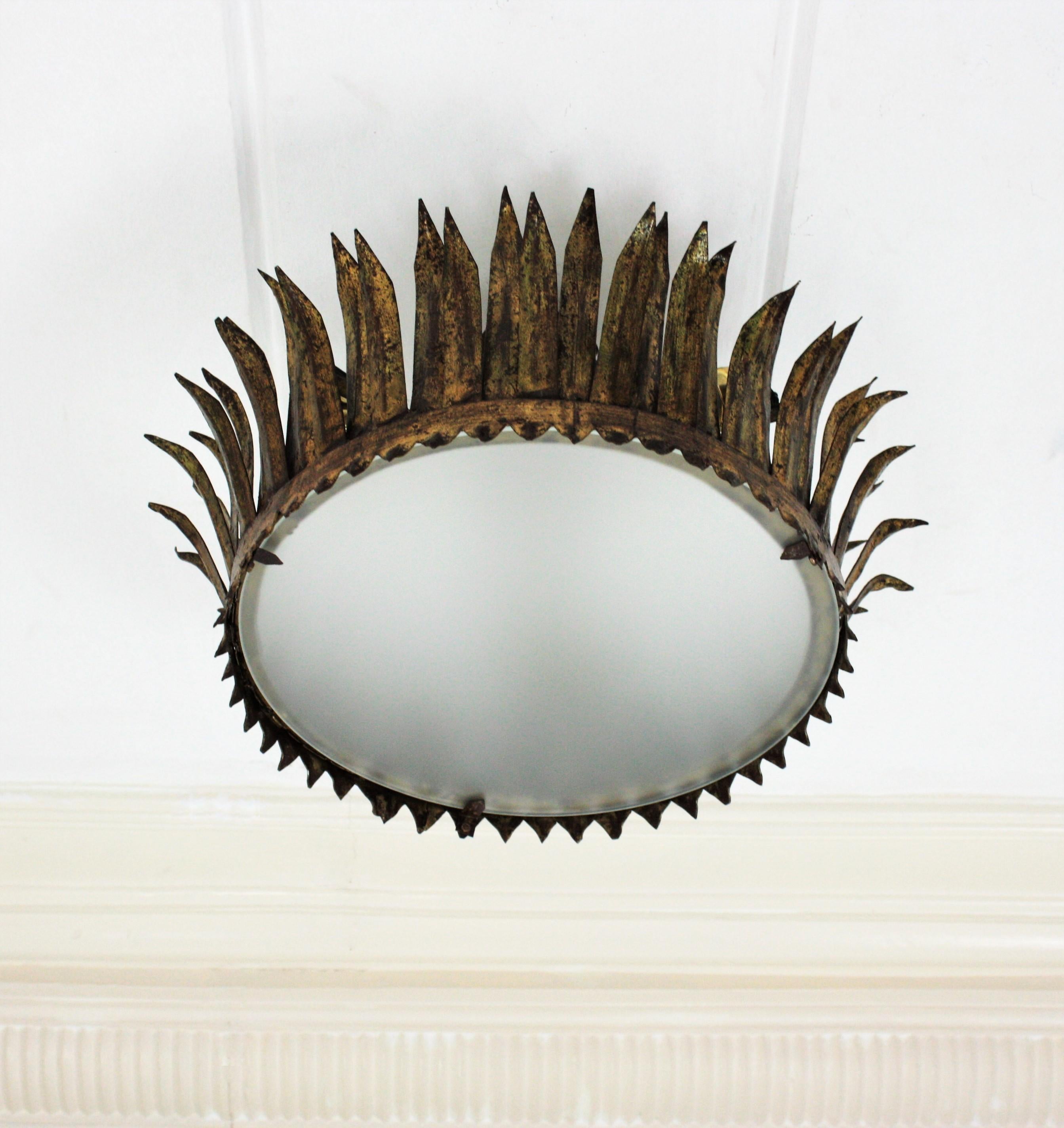 French Gilt Metal Sunburst Crown Ceiling Light Fixture or Pendant 1