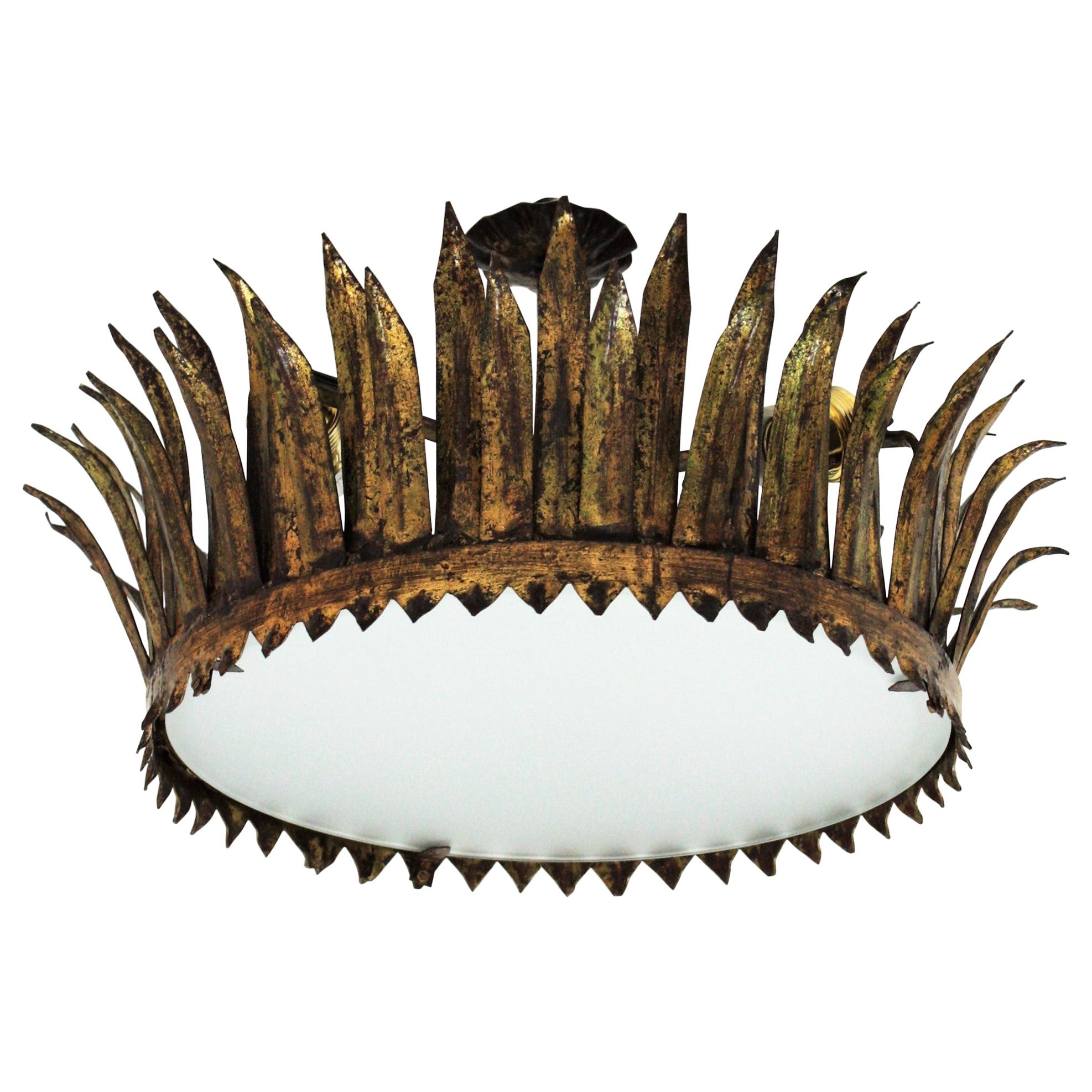 French Gilt Metal Sunburst Crown Ceiling Light Fixture or Pendant
