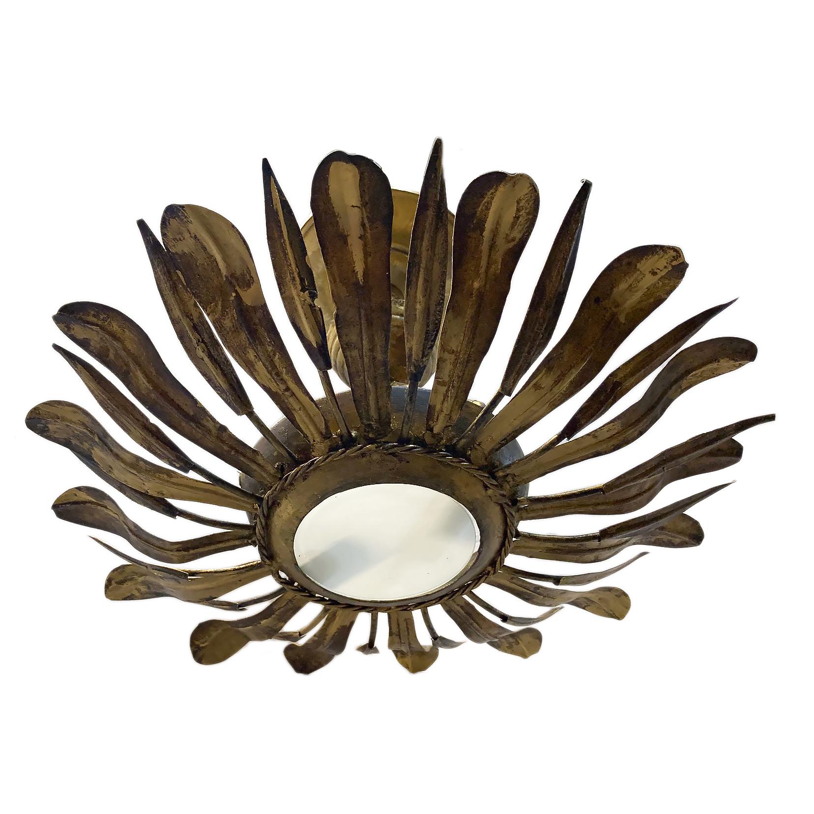 Frosted French Gilt Metal Sunburst Light Fixture For Sale