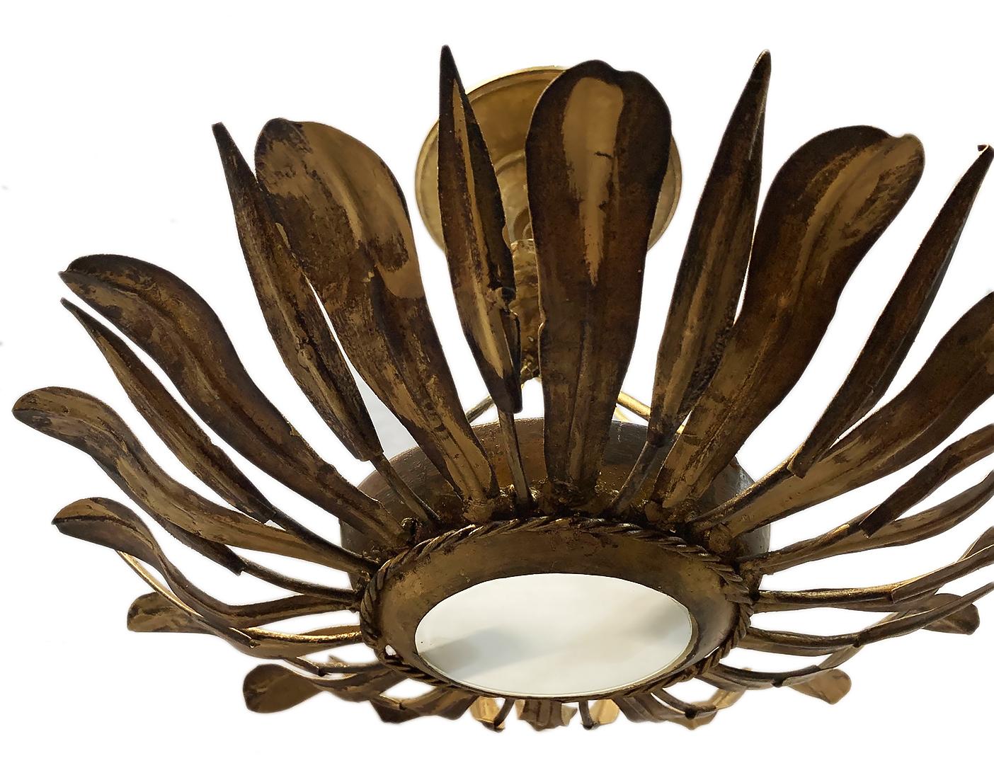 French Gilt Metal Sunburst Light Fixture In Good Condition For Sale In New York, NY