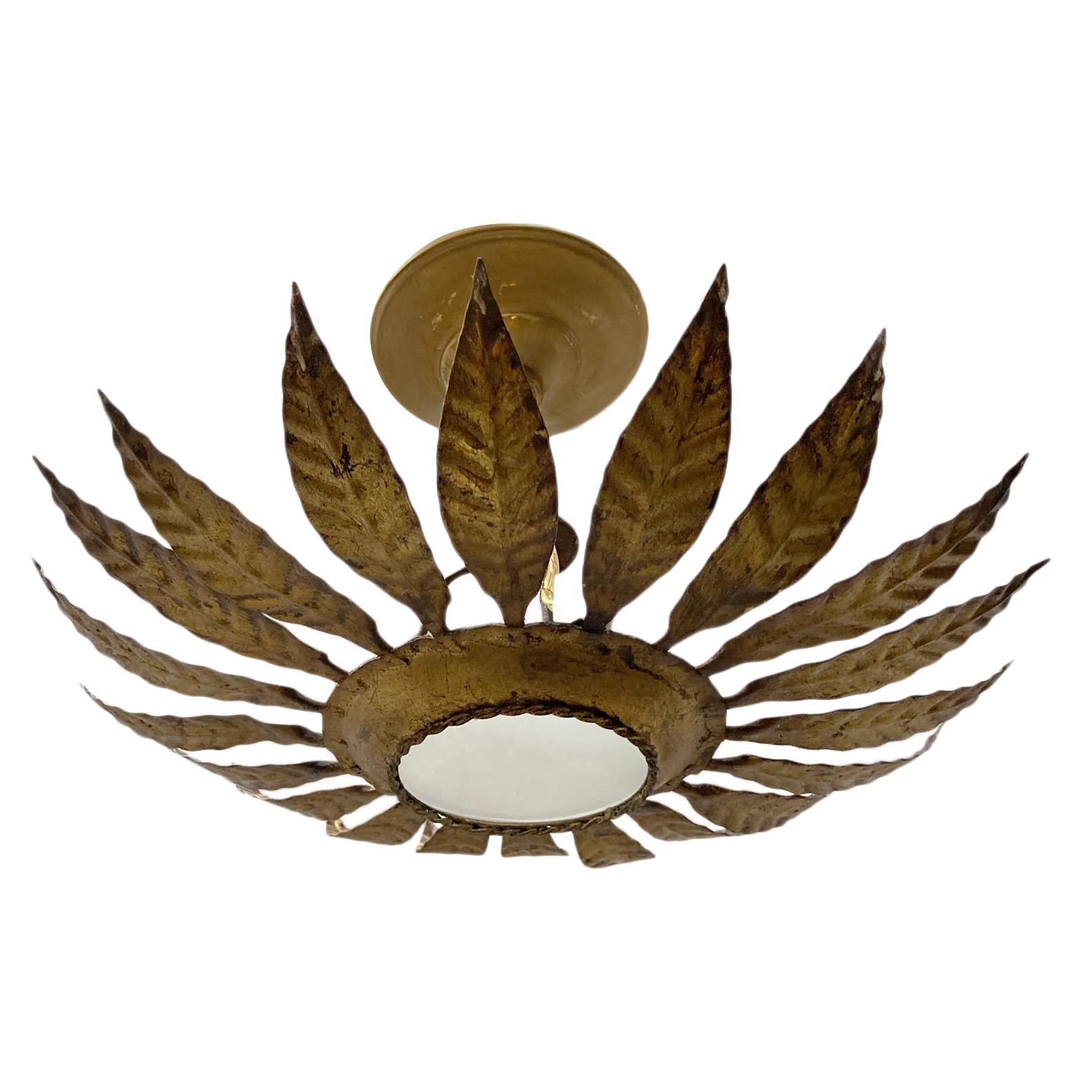 Mid-20th Century French Gilt Metal Sunburst Light Fixture For Sale