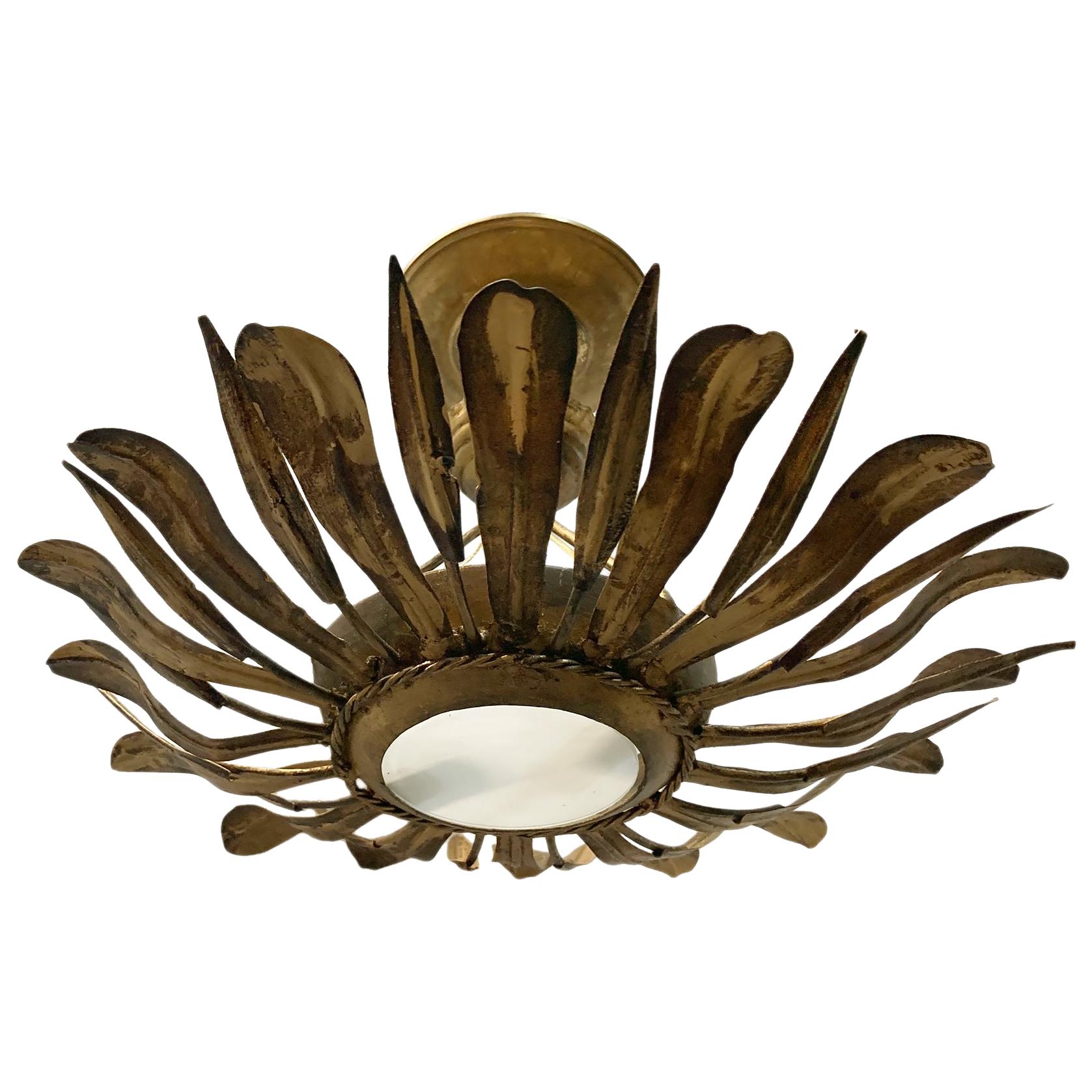 French Gilt Metal Sunburst Light Fixture