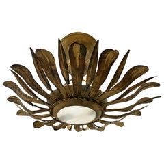 Vintage French Gilt Metal Sunburst Light Fixture