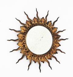 French Sunburst Mirror in Gilt Iron, Small Scale