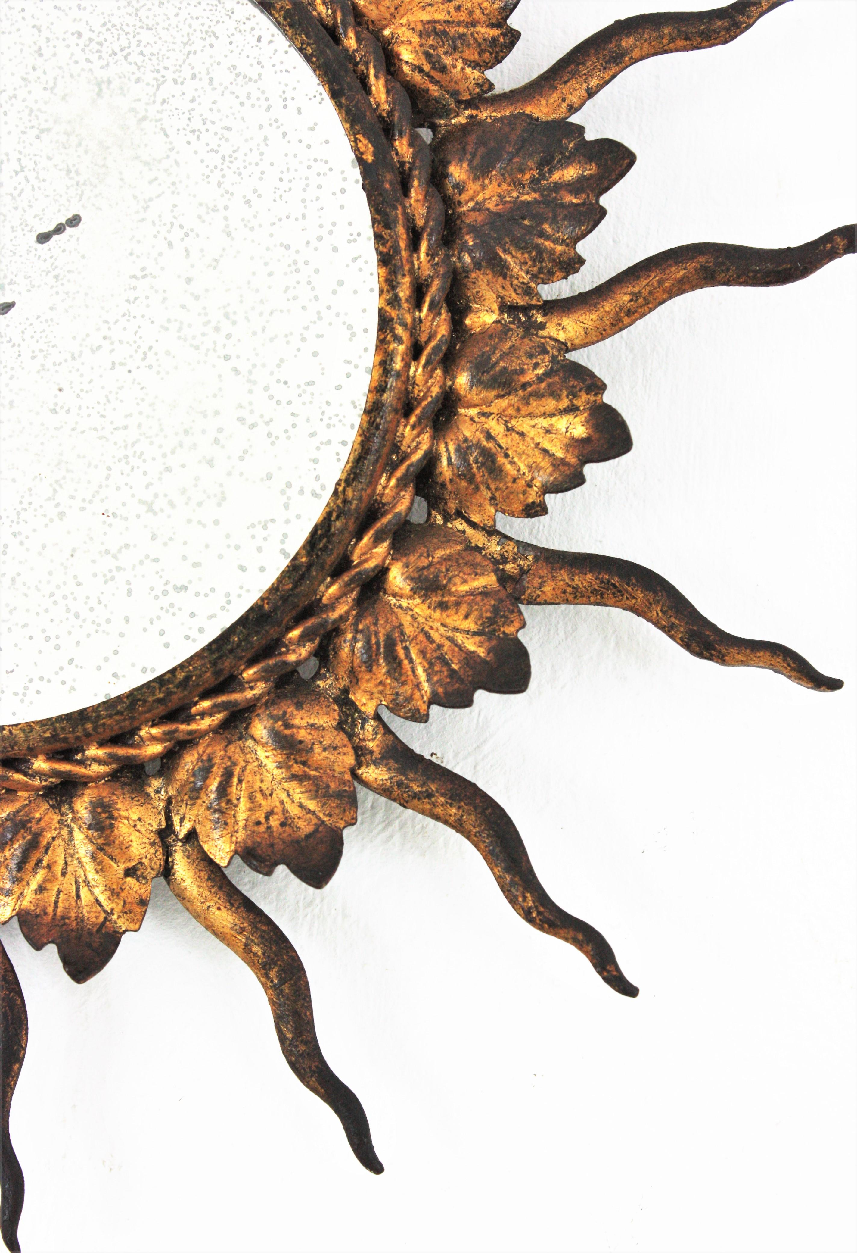 Spanish French Sunburst Mirror in Gilt Iron, Small Scale For Sale