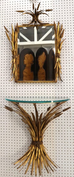 French Gilt Metal Wheat Sheaf Console Demi Lune Table & Mirror