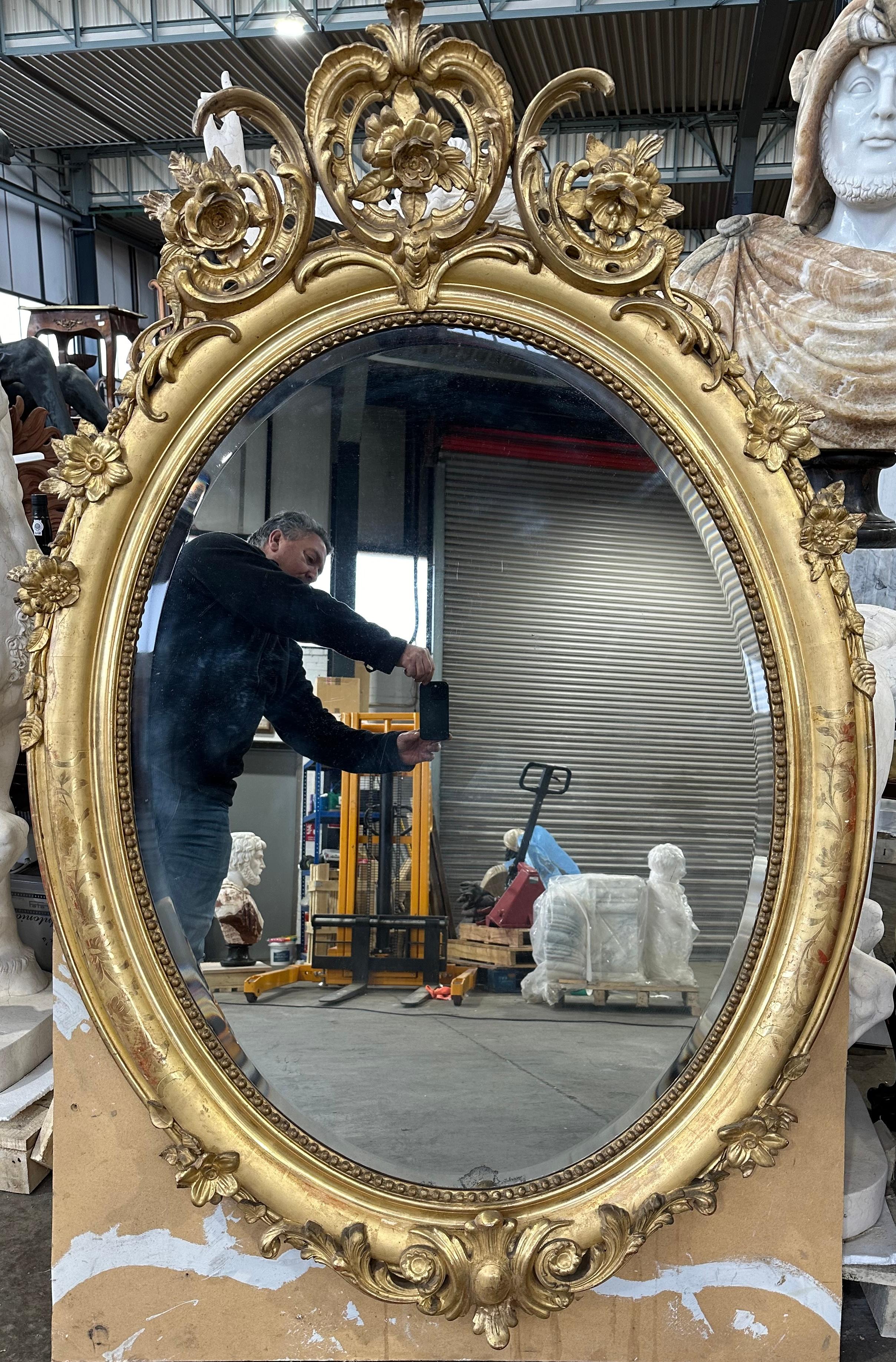 Hand-Carved French Gilt Oval Mirror For Sale