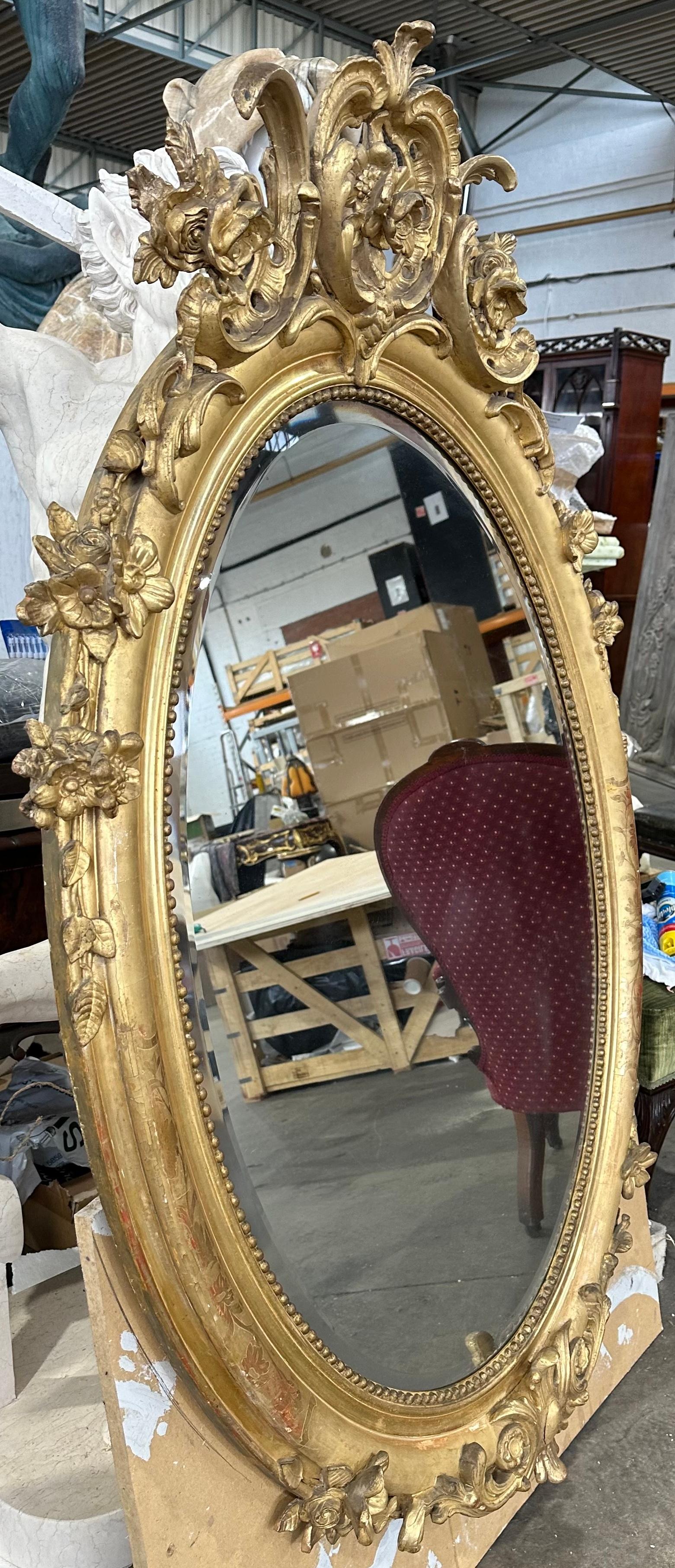 Giltwood French Gilt Oval Mirror For Sale