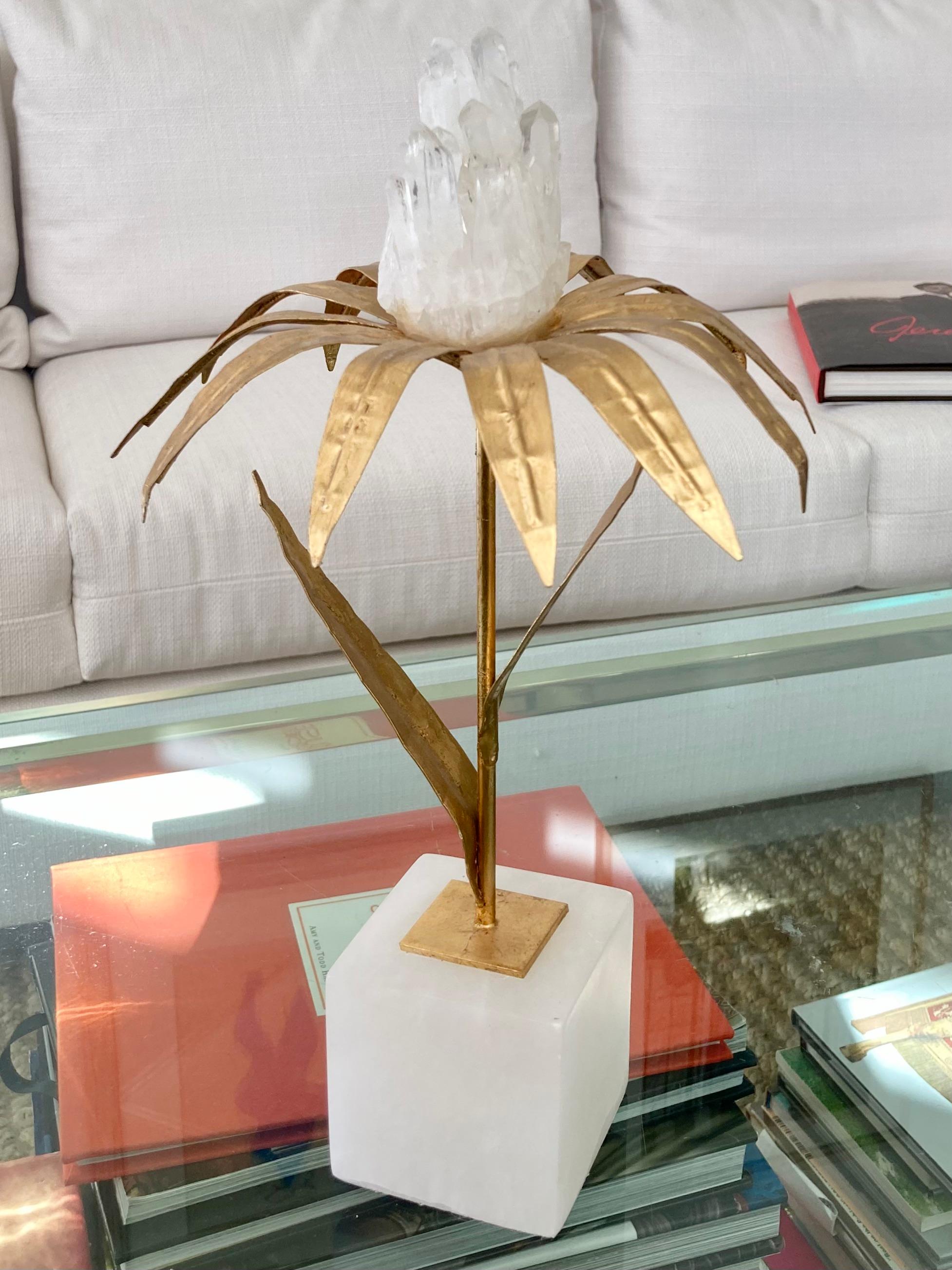 Modern French Gilt Palm Tree With Rock Crystal and Marble Base Medium For Sale