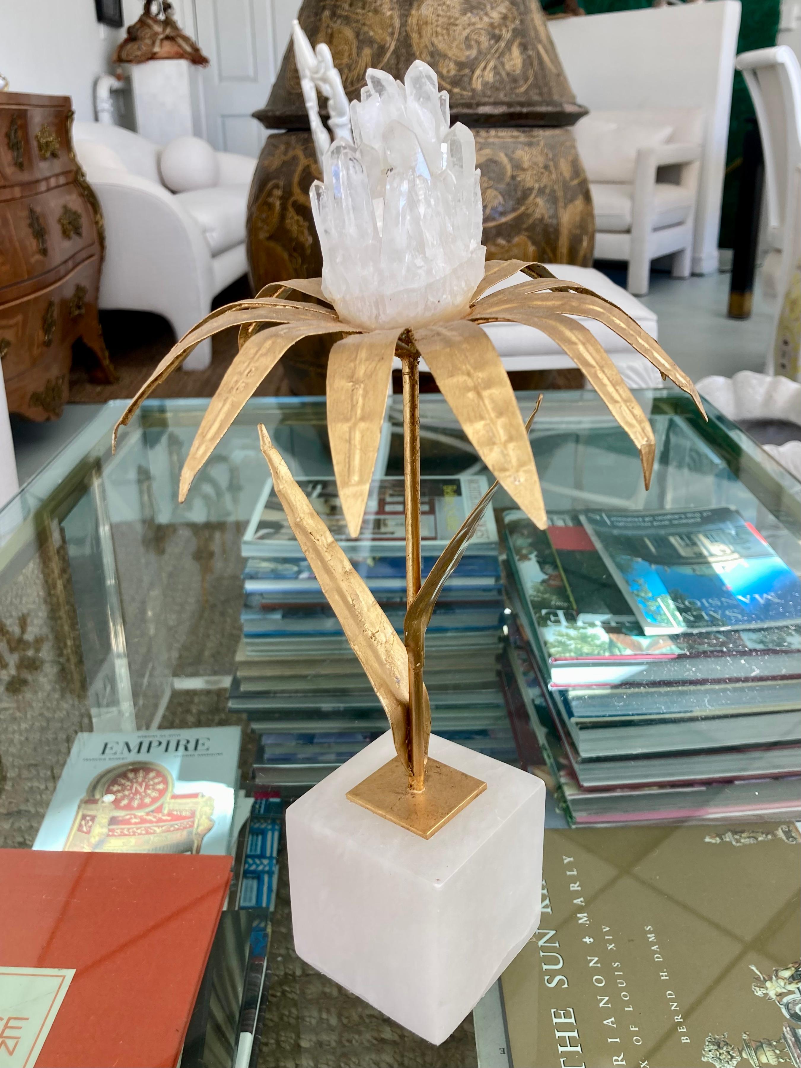 French Gilt Palm Tree With Rock Crystal and Marble Base Medium In Good Condition For Sale In Los Angeles, CA